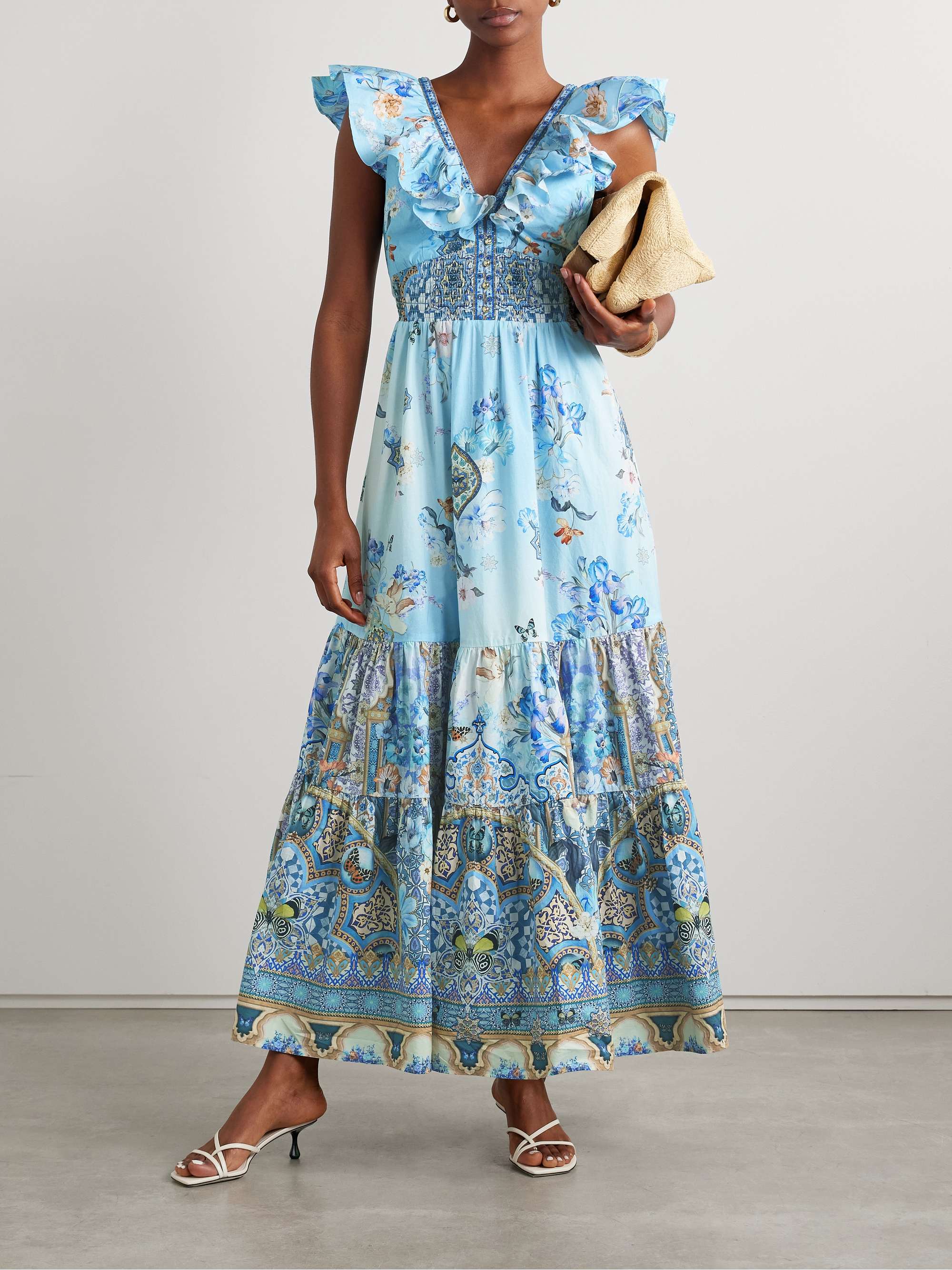 Ruffled crystal-embellished printed organic cotton-poplin maxi dress view