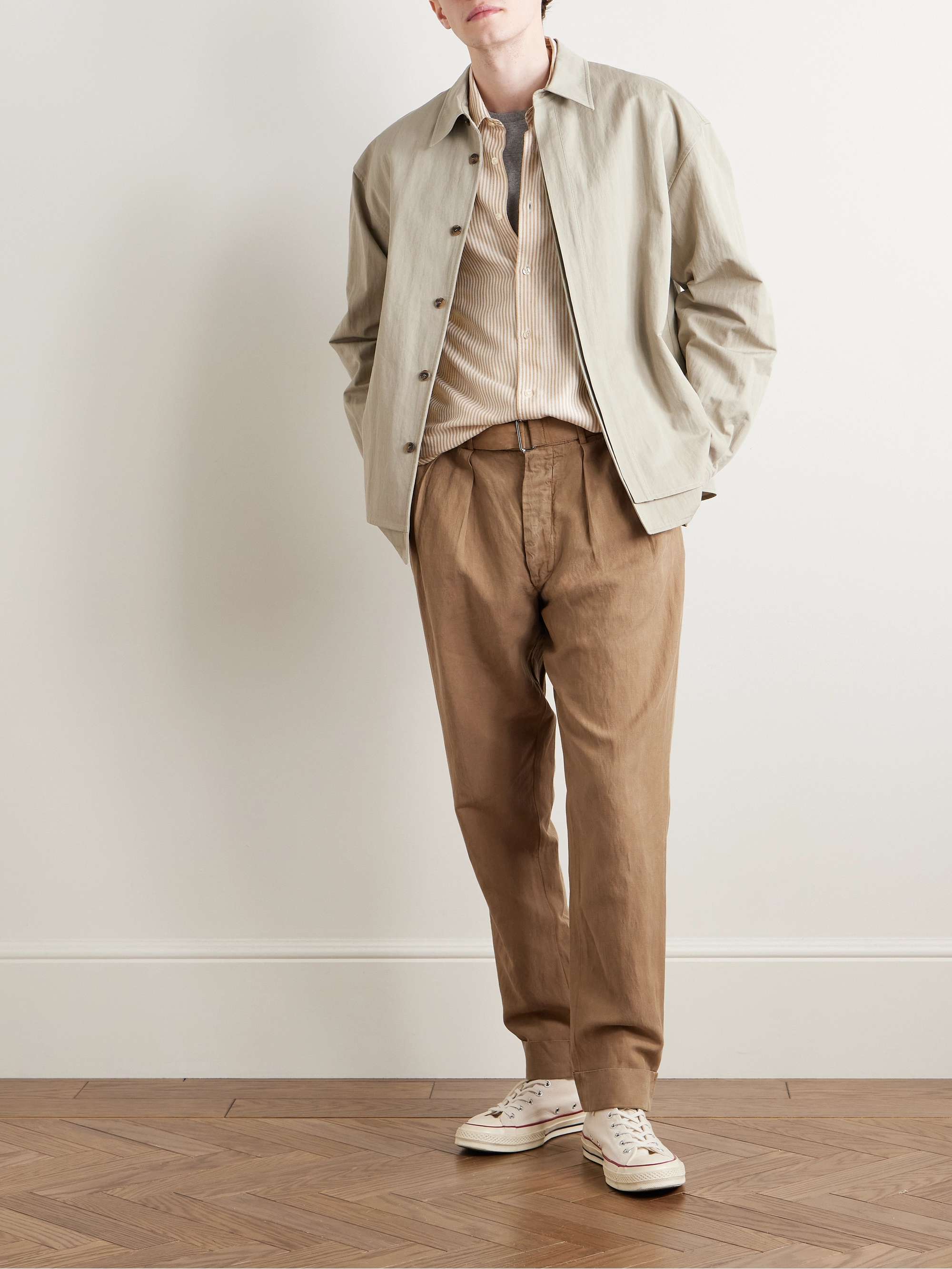 Pierre Tapered Pleated Belted Garment-Dyed Lyocell, Linen and Cotton-Blend Trousers view