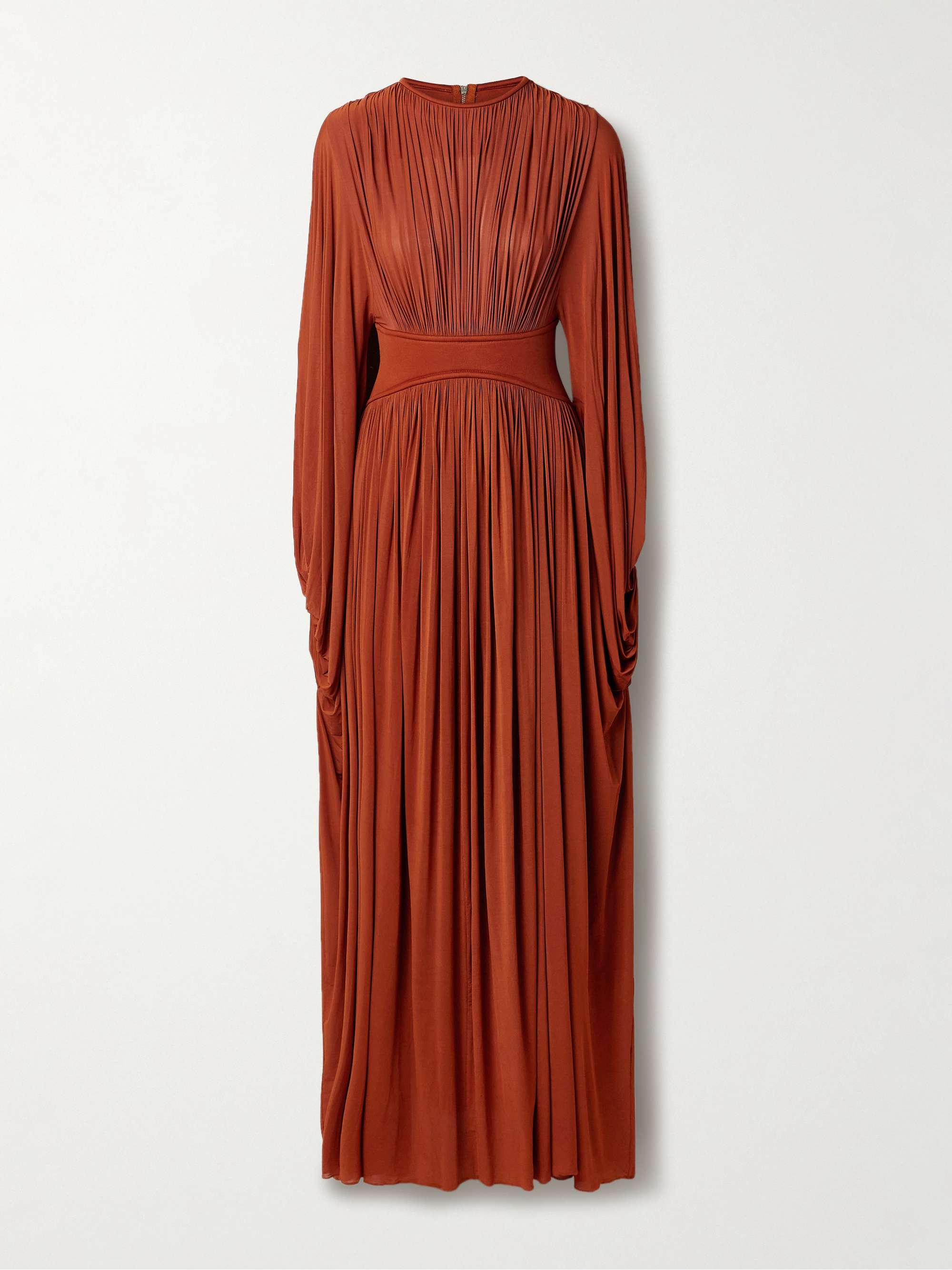 Illuminate draped pleated stretch-jersey and scuba maxi dress hero visual