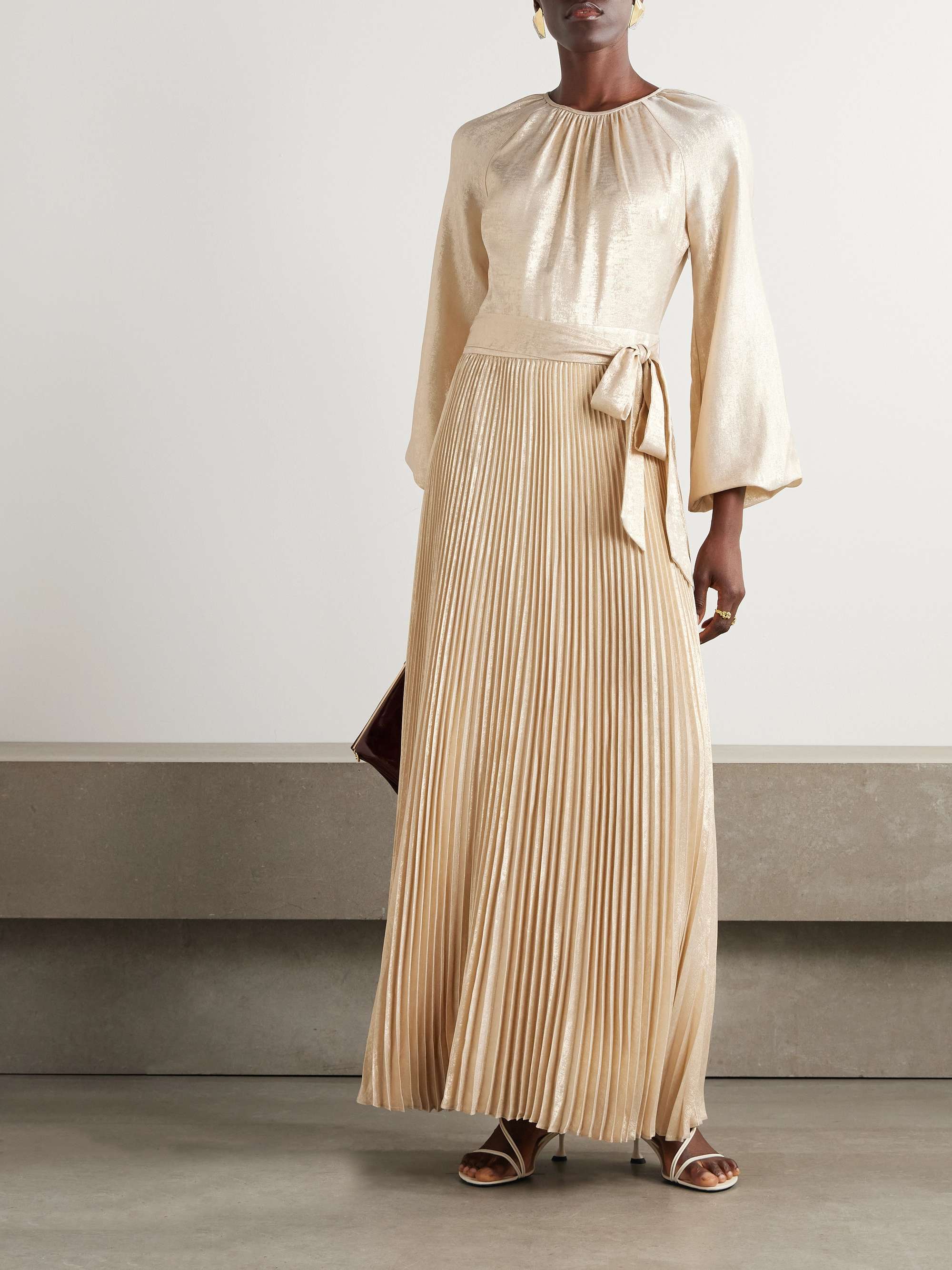 Varenya belted pleated metallic lamé maxi dress view