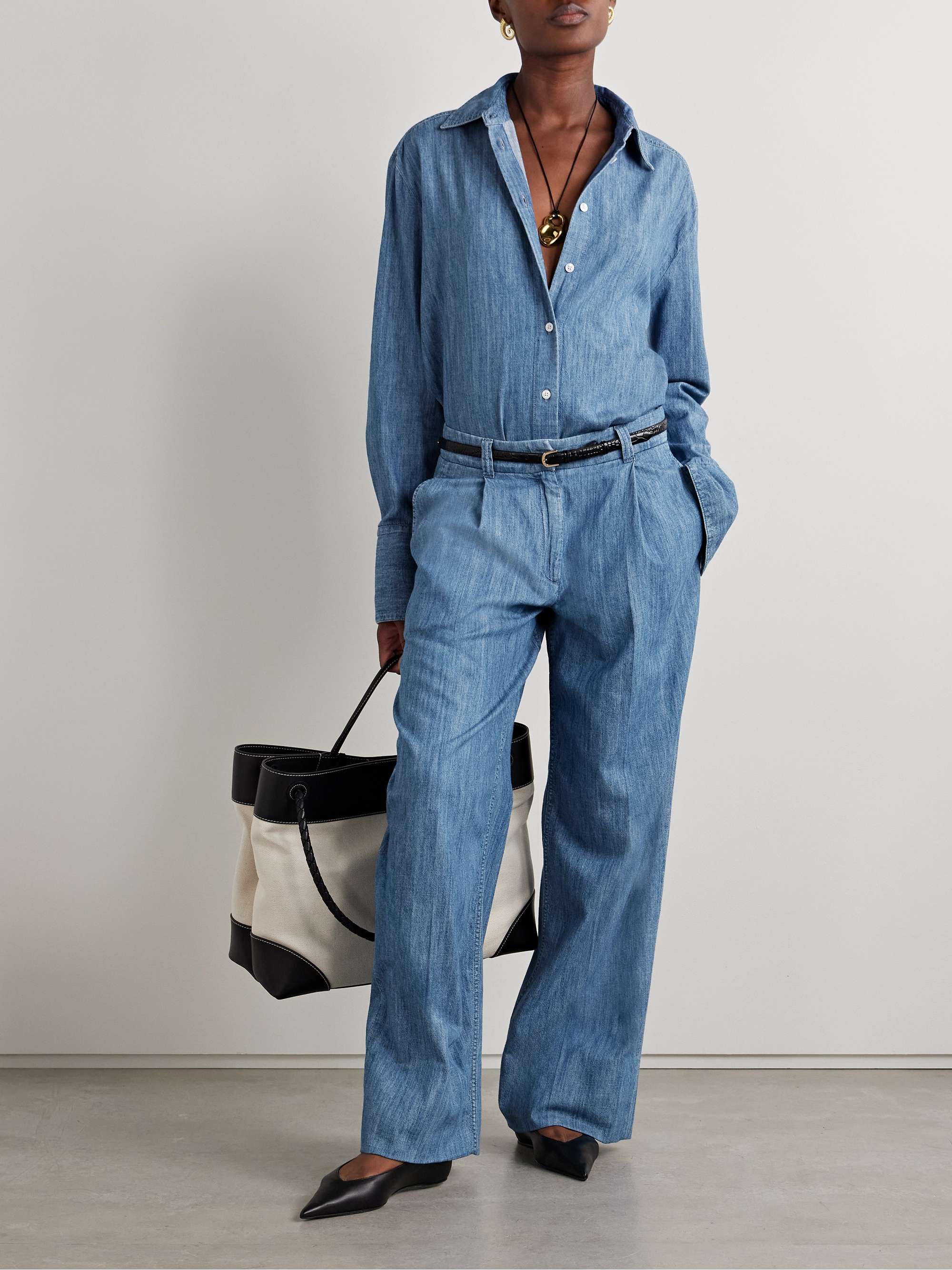 Pleated organic cotton-chambray wide-leg pants view