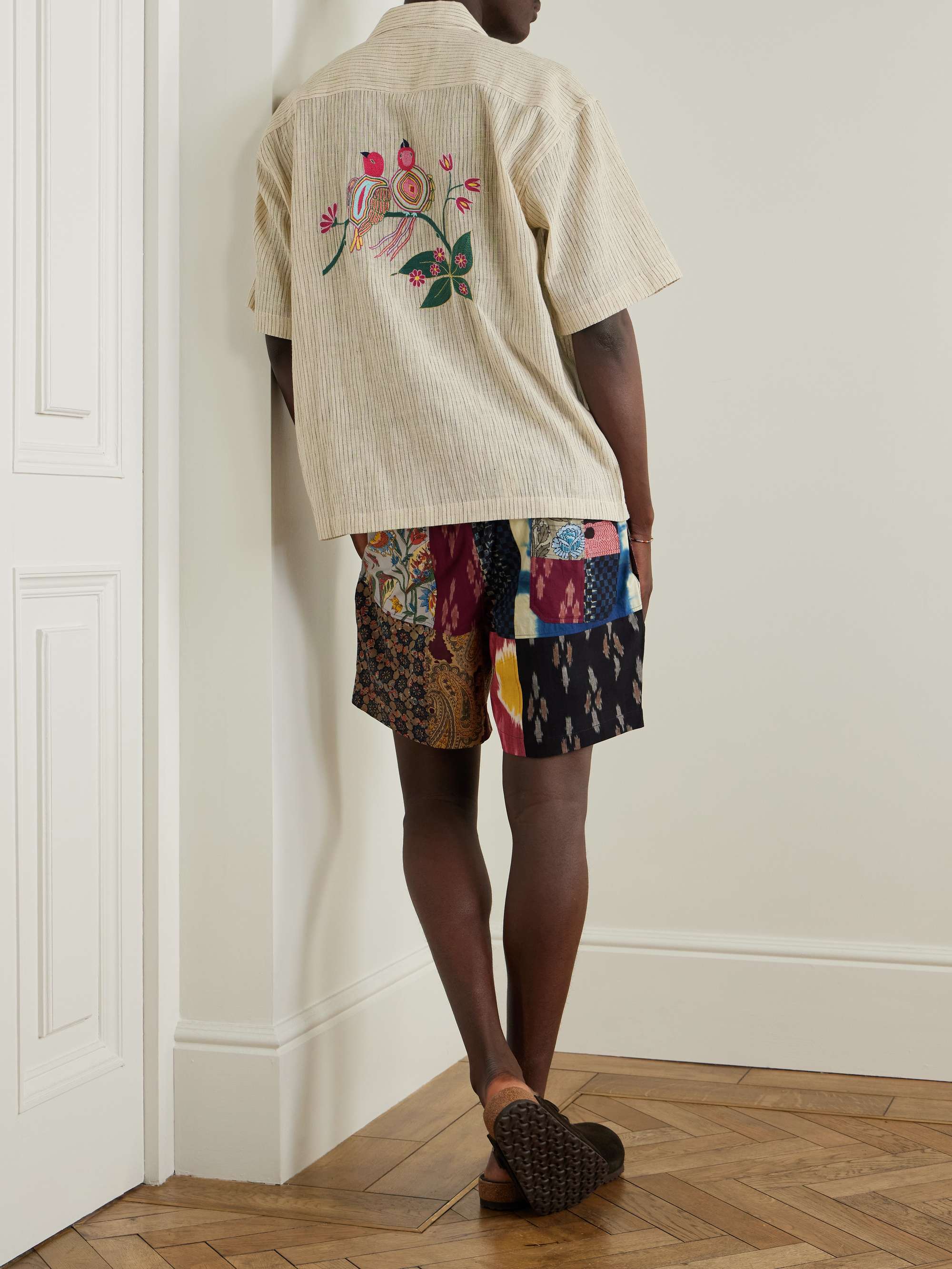 Convertible-Collar Appliquéd Embroidered Striped Cotton Shirt view