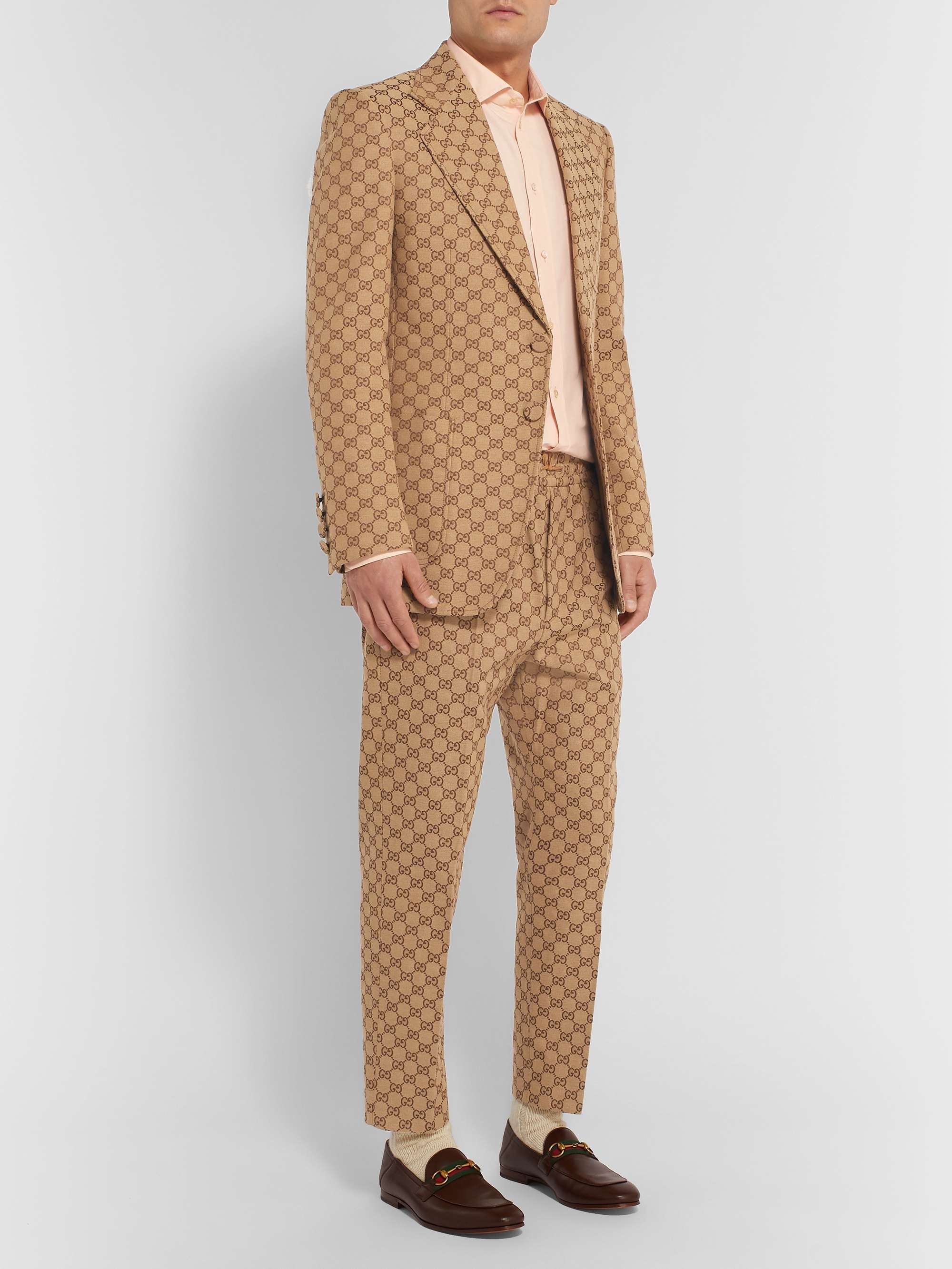 Beige Tapered Cropped Logo-Jacquard Cotton-Blend Suit Trousers view