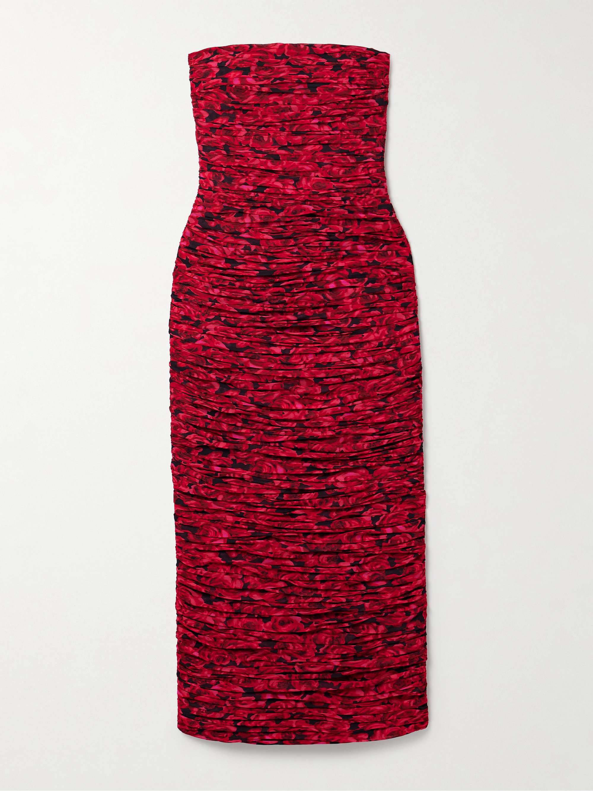 Strapless ruched floral-print crepe midi dress hero visual