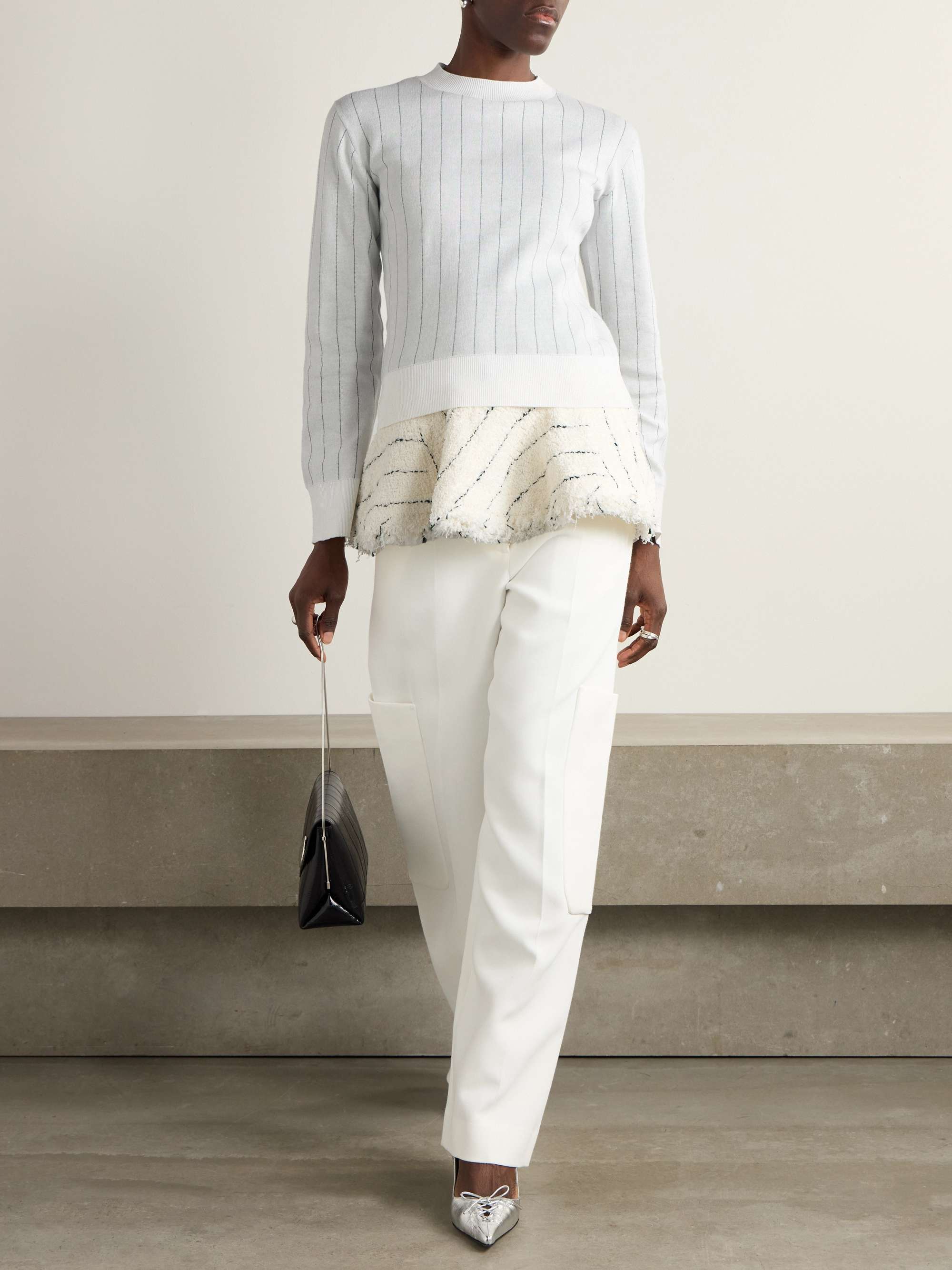 Layered striped cotton and bouclé-tweed sweater view