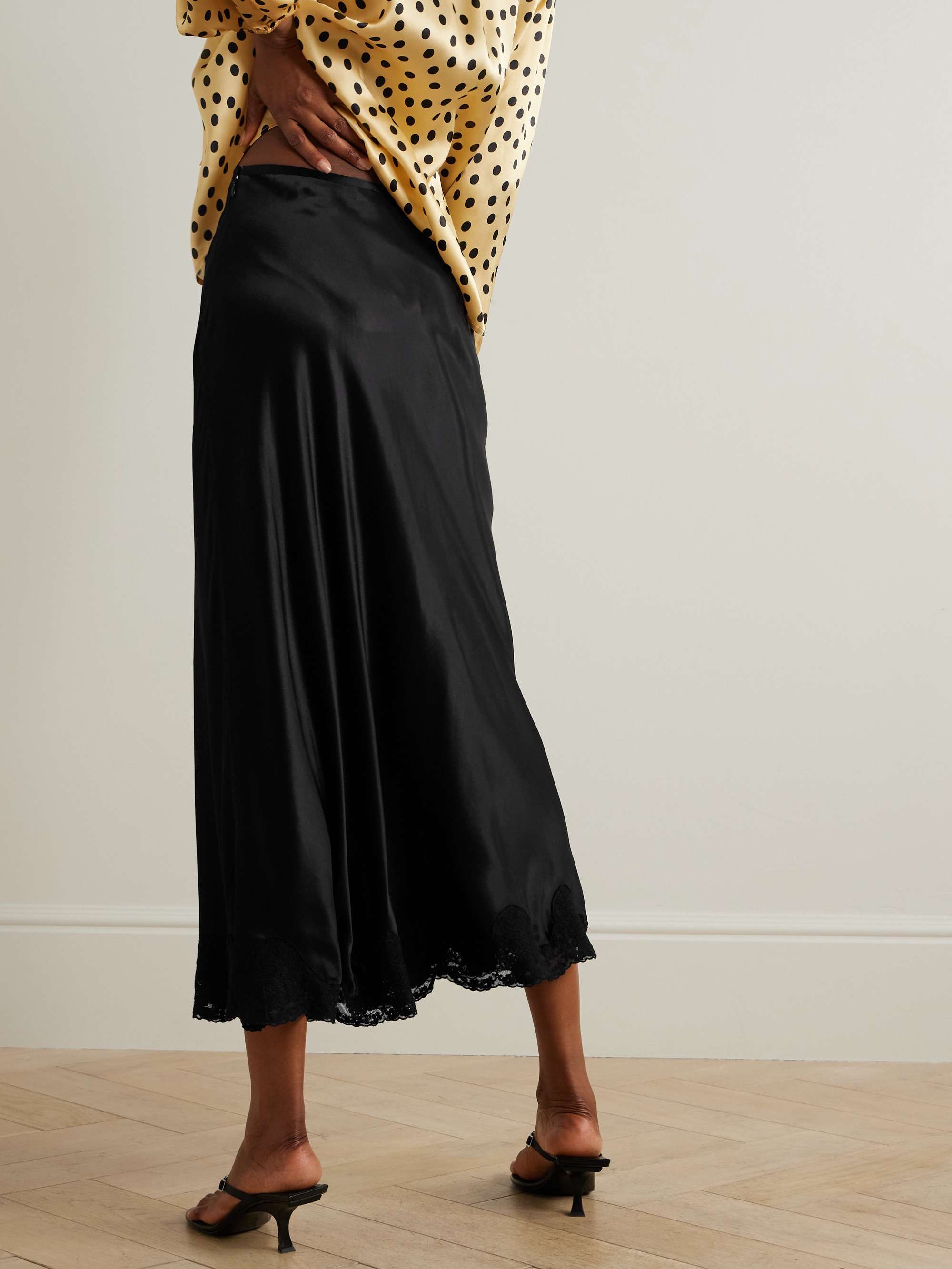 Crystal scalloped lace-trimmed satin midi skirt view