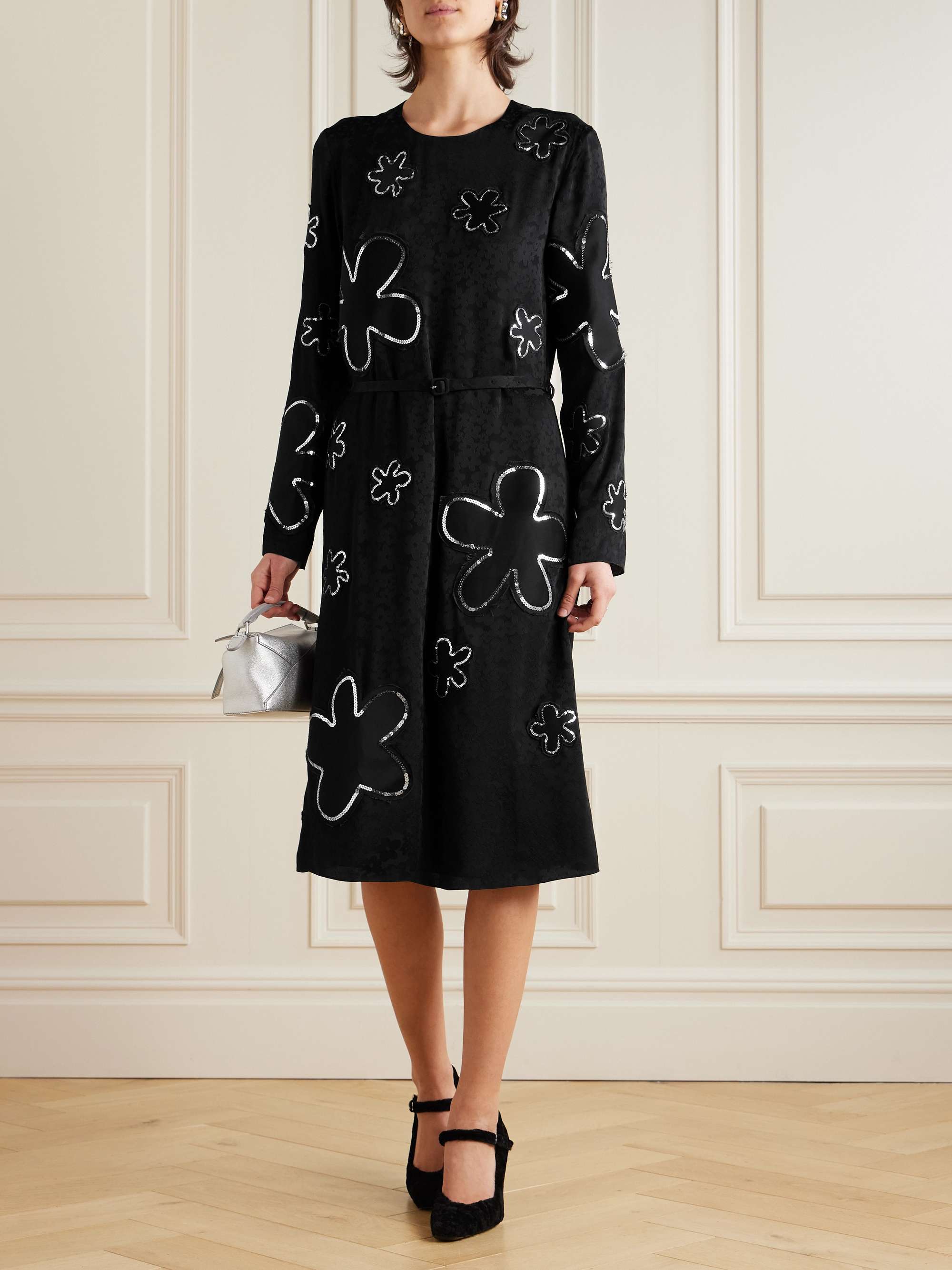 Belted sequin-embellished floral satin-jacquard midi dress view
