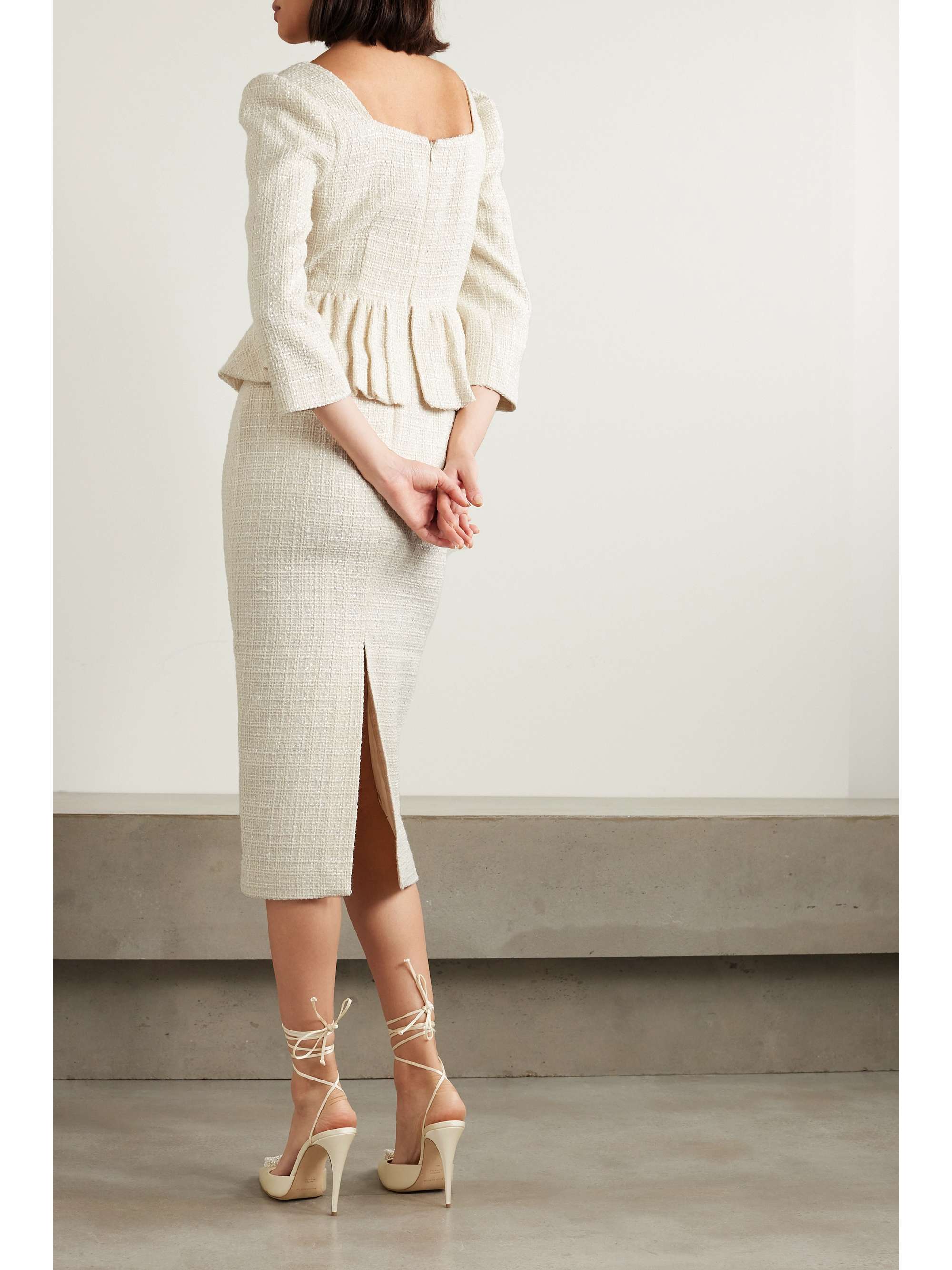 Embellished bouclé-tweed peplum midi dress view