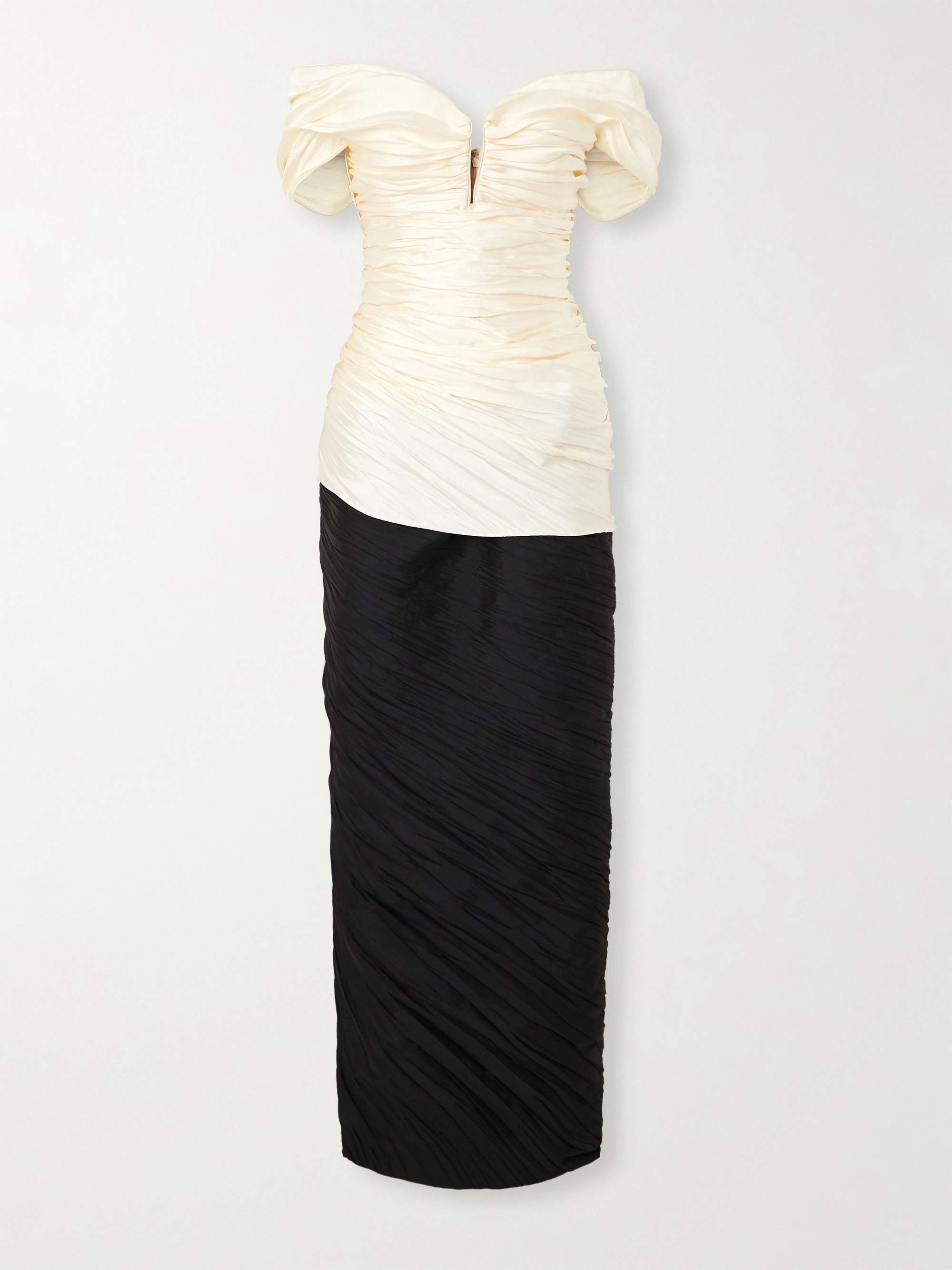 Off-the-shoulder pleated two-tone mikado and taffeta gown hero visual