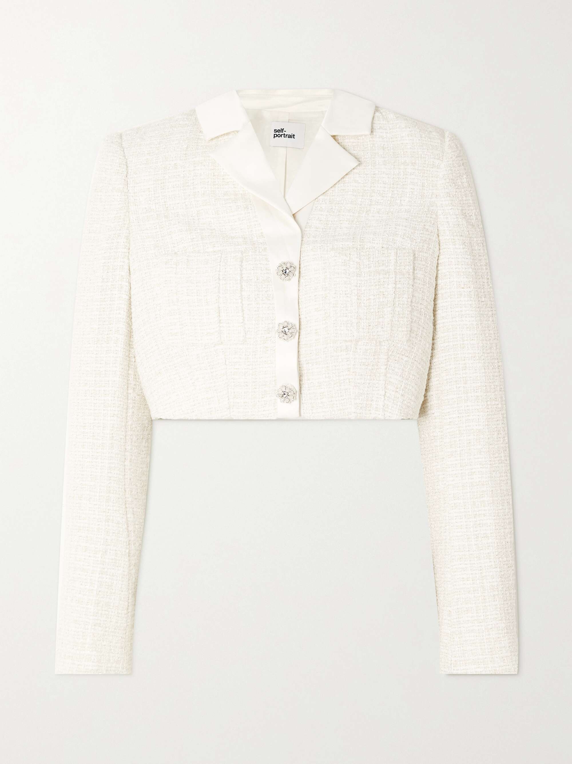 Cropped embellished satin-trimmed metallic bouclé-tweed blazer hero visual