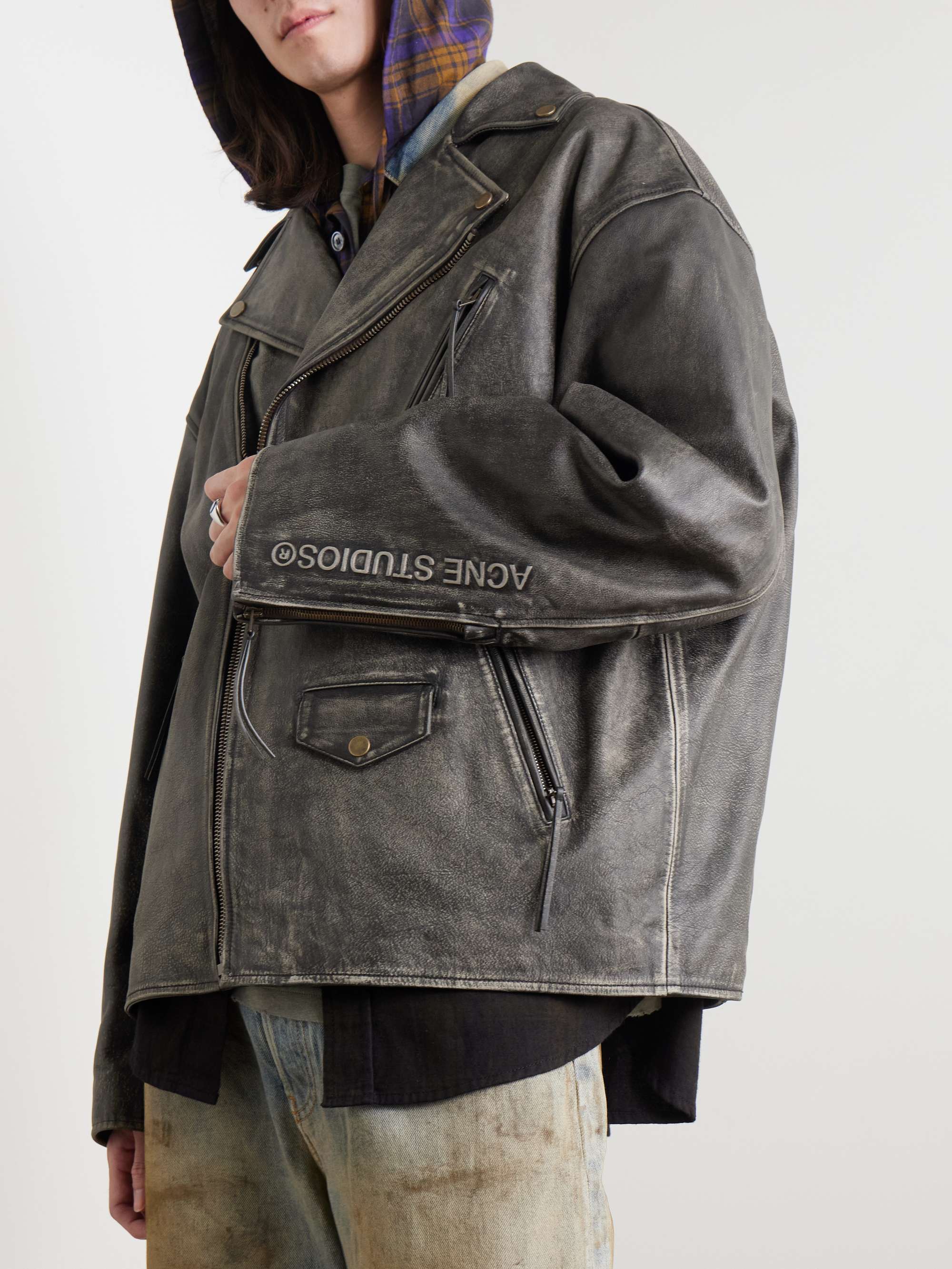 Logo-Embossed Leather Biker Jacket view