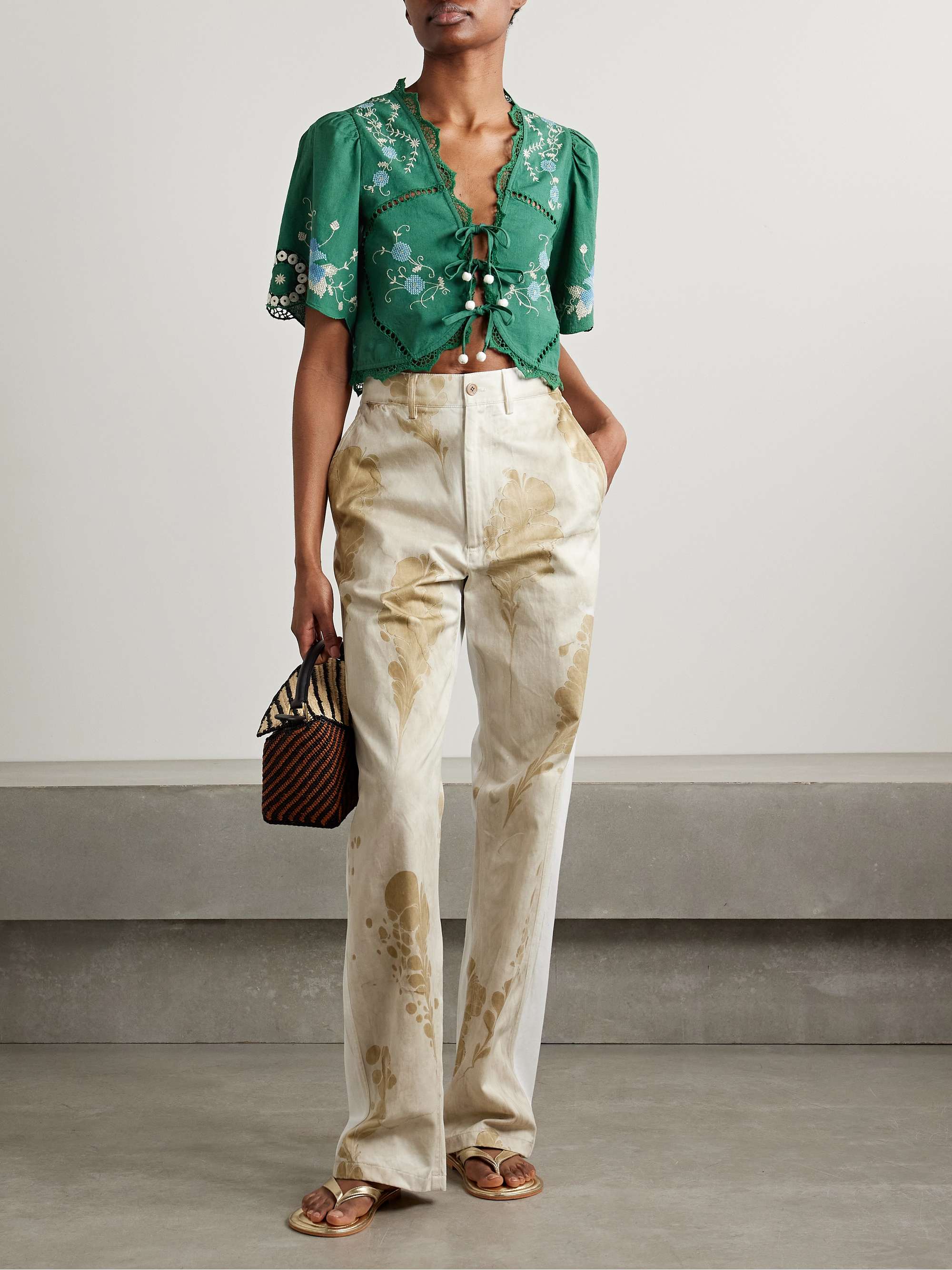 Vesna cropped crochet-trimmed embroidered cotton and linen-blend top view
