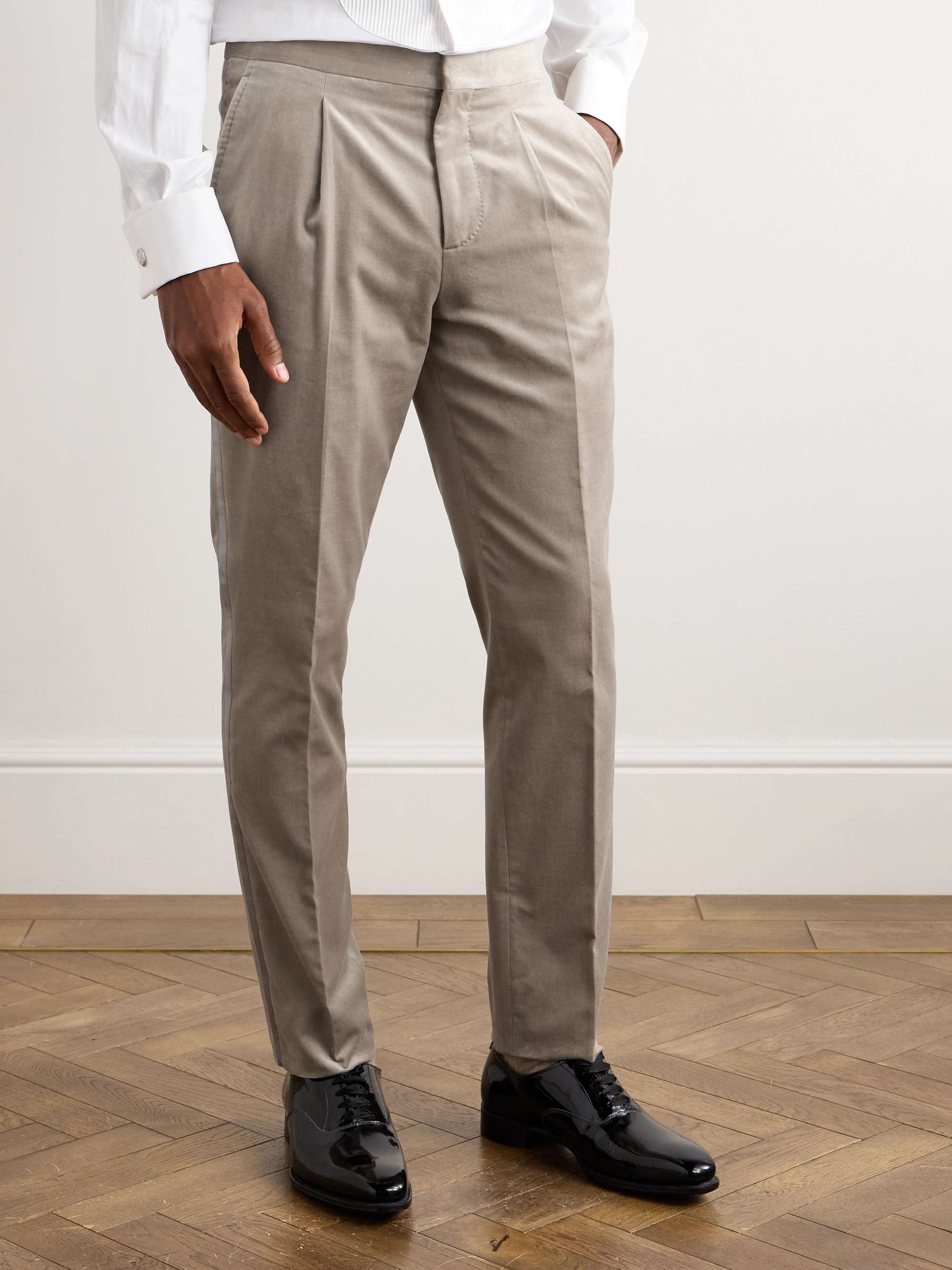Straight-Leg Pleated Satin-Trimmed Cotton-Velvet Tuxedo Trousers view
