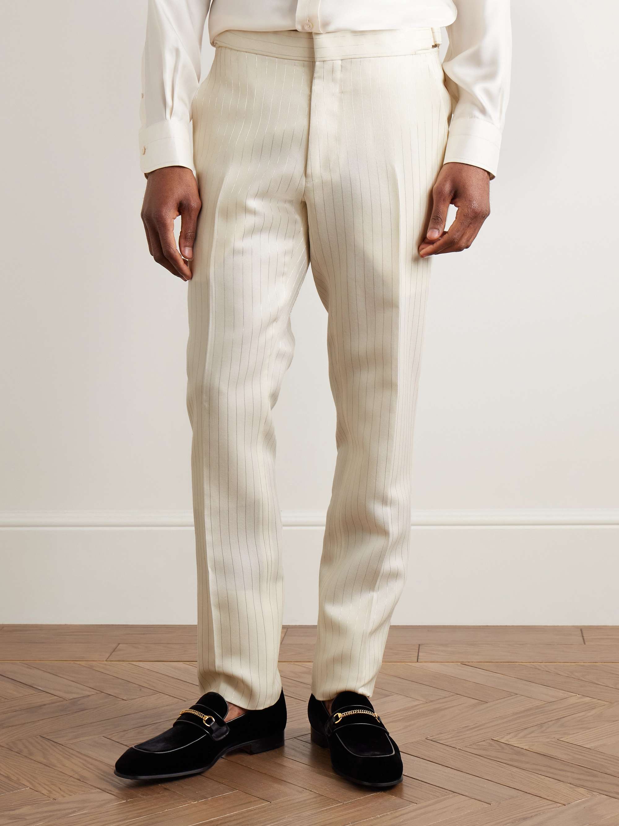 Slim-Fit Metallic Striped Wool-Blend Suit Trousers view