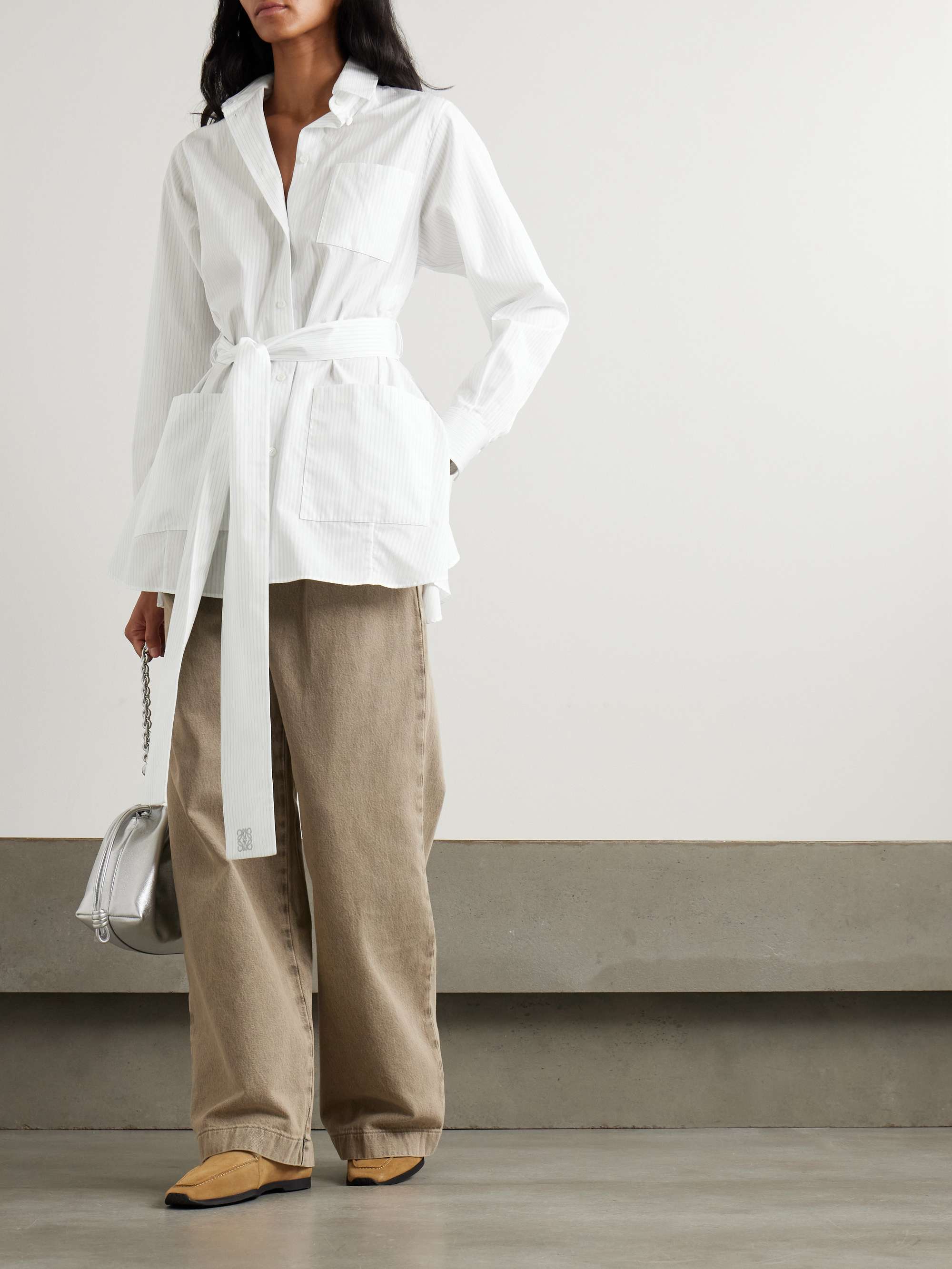Belted embroidered pinstriped cotton-poplin shirt view