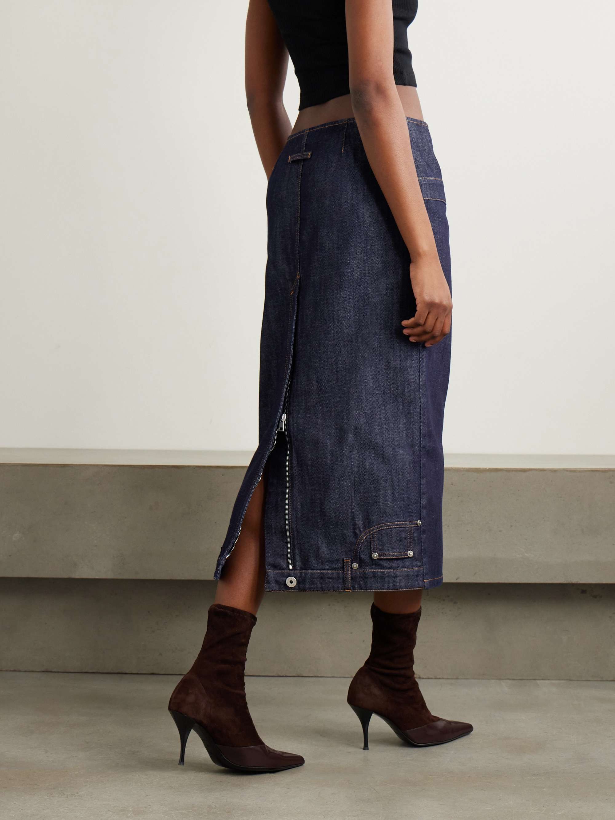 Paneled topstitched denim midi skirt view