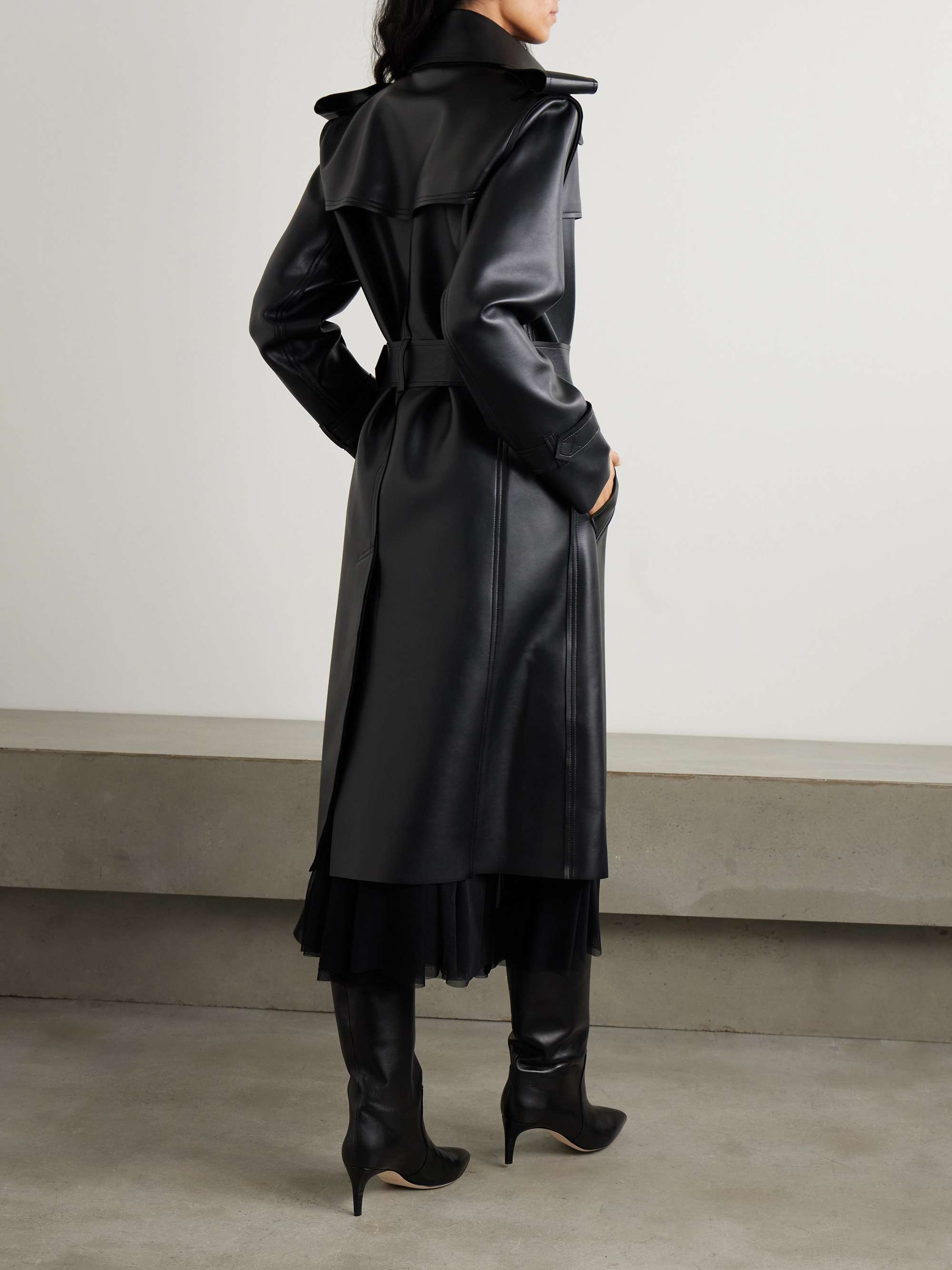 Belted vegan leather trench coat view