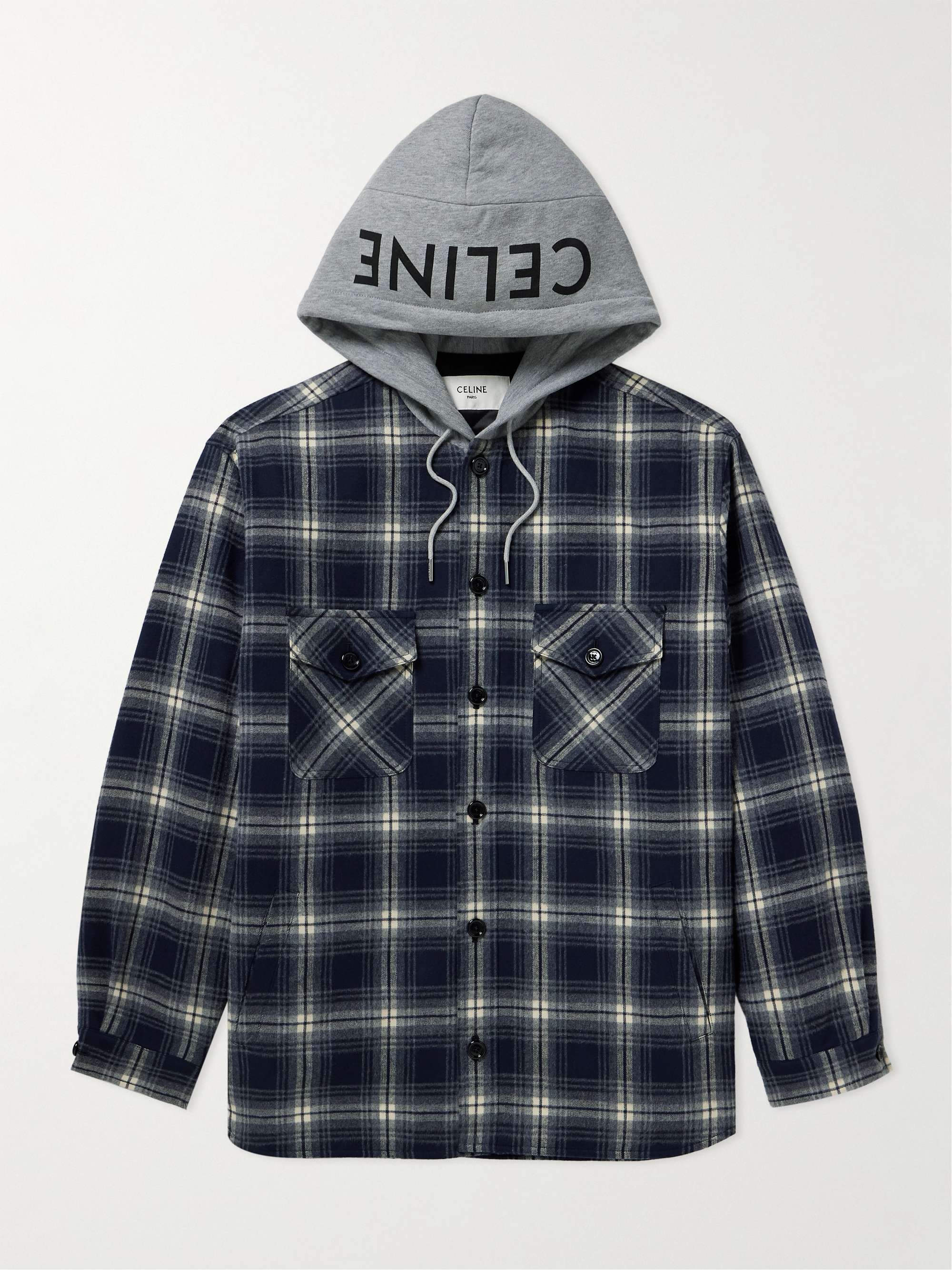 Checked Wool and Logo-Print Cotton-Jersey Hooded Overshirt hero visual