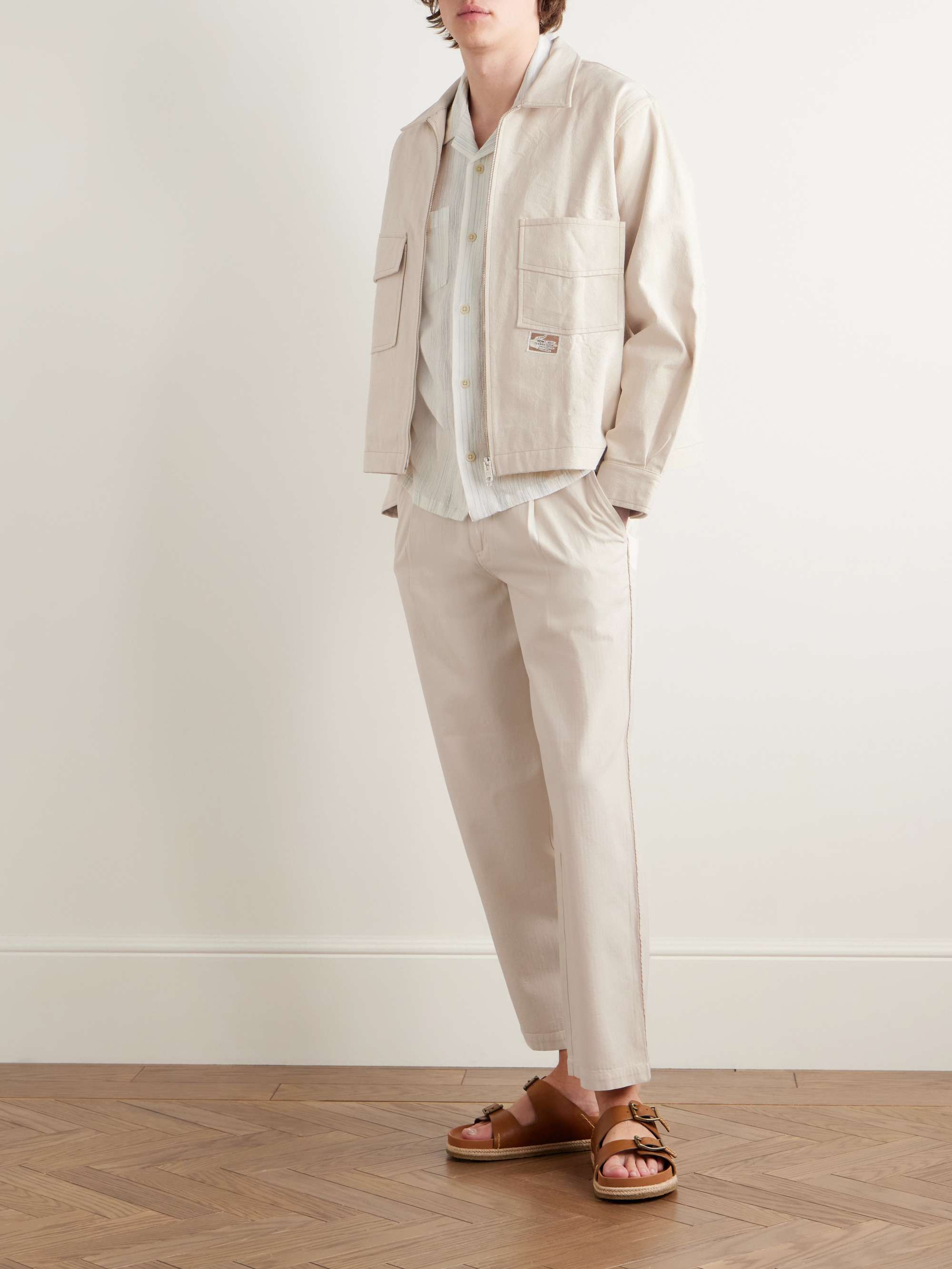 Wide-Leg Pleated Garment-Dyed Herringbone Cotton Trousers view