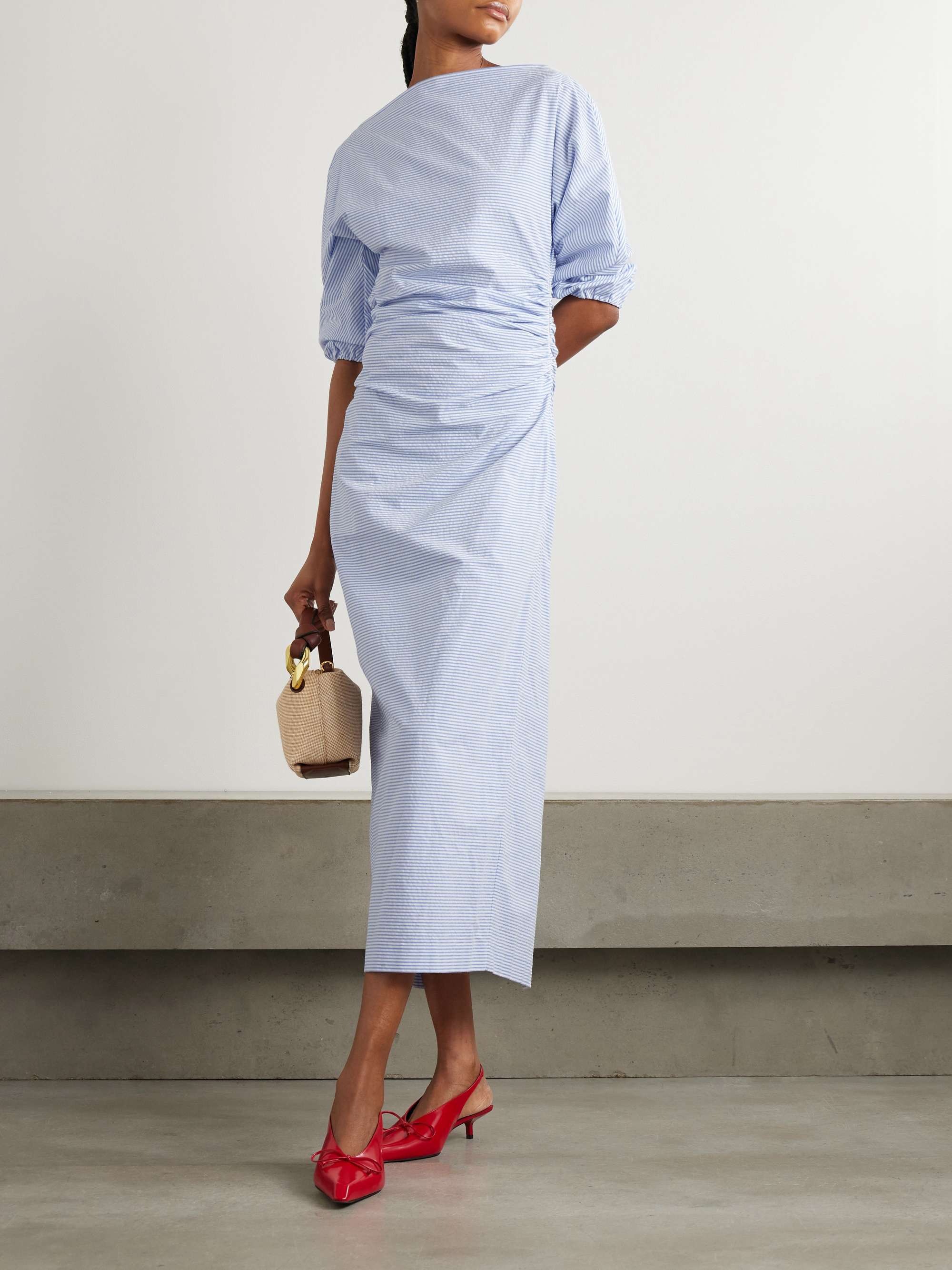 Ezra ruched striped cotton-seersucker midi dress view
