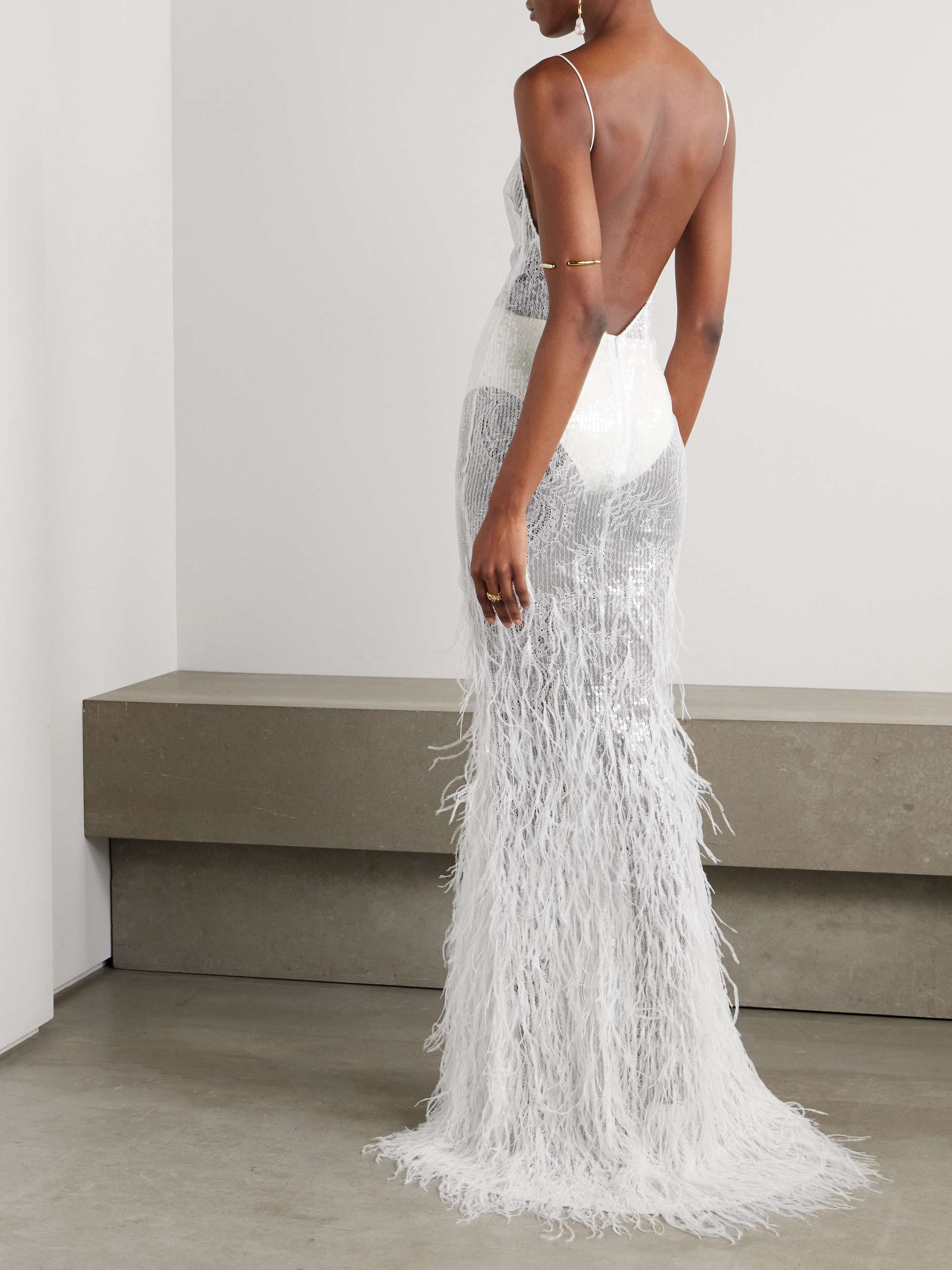 Odessa feather-trimmed sequined lace gown view