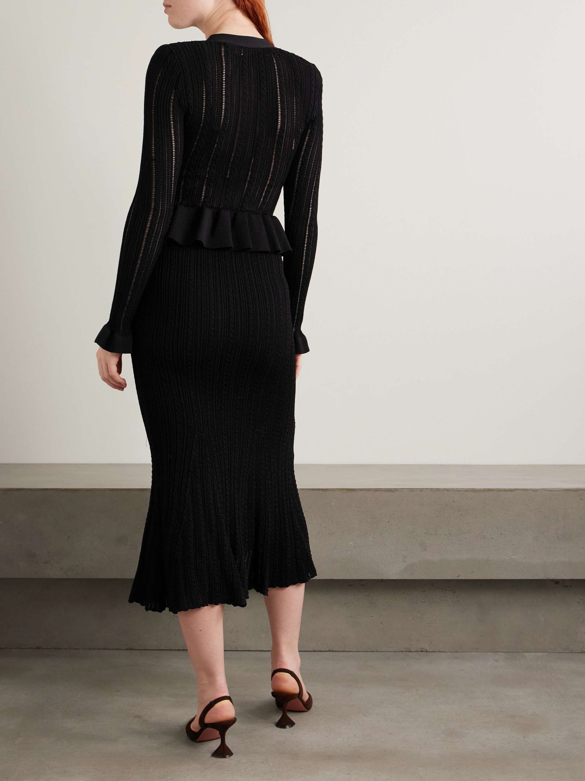 Crystal-embellished pointelle-knit peplum midi dress view