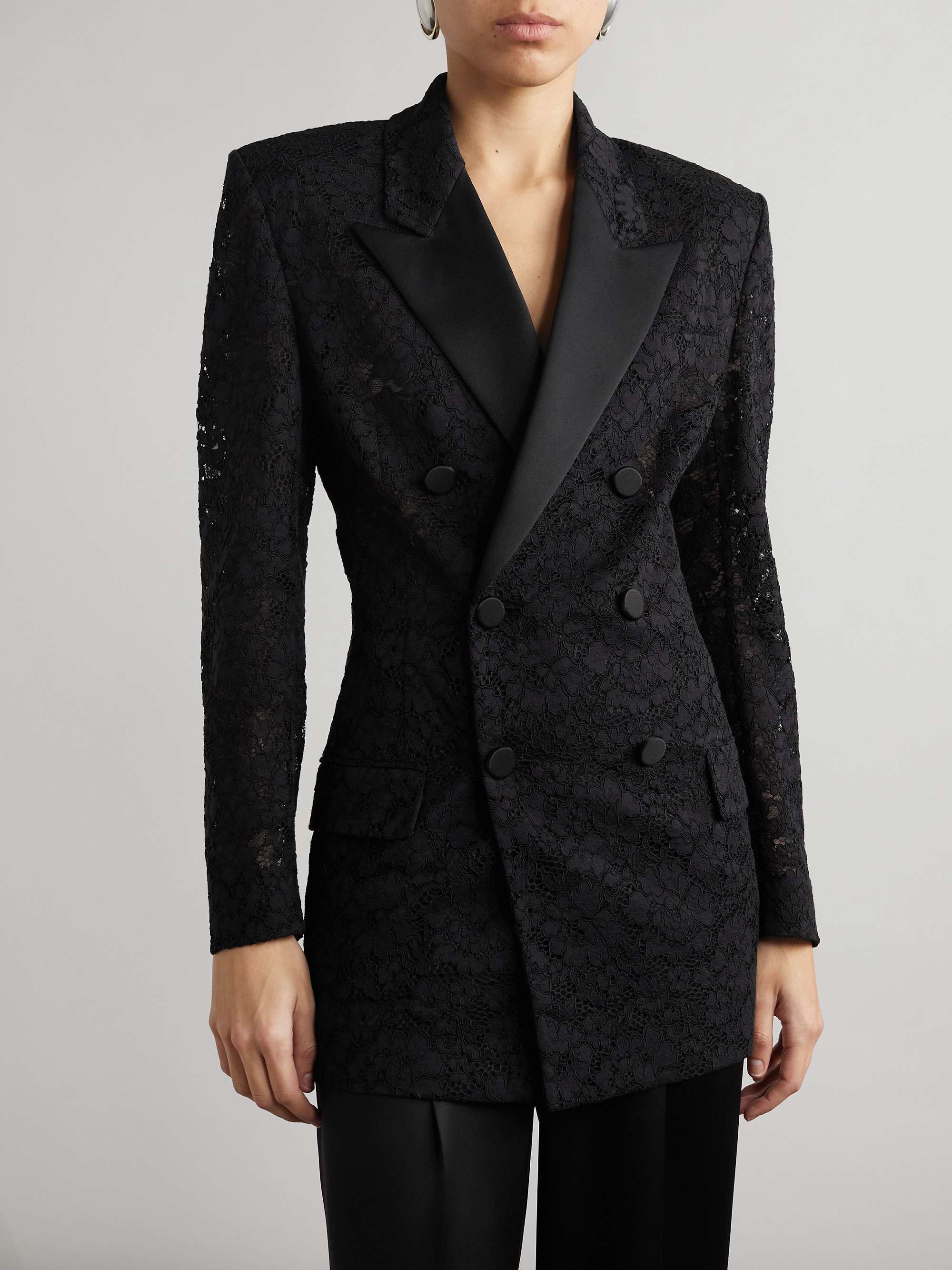 Double-breasted satin-trimmed lace blazer view