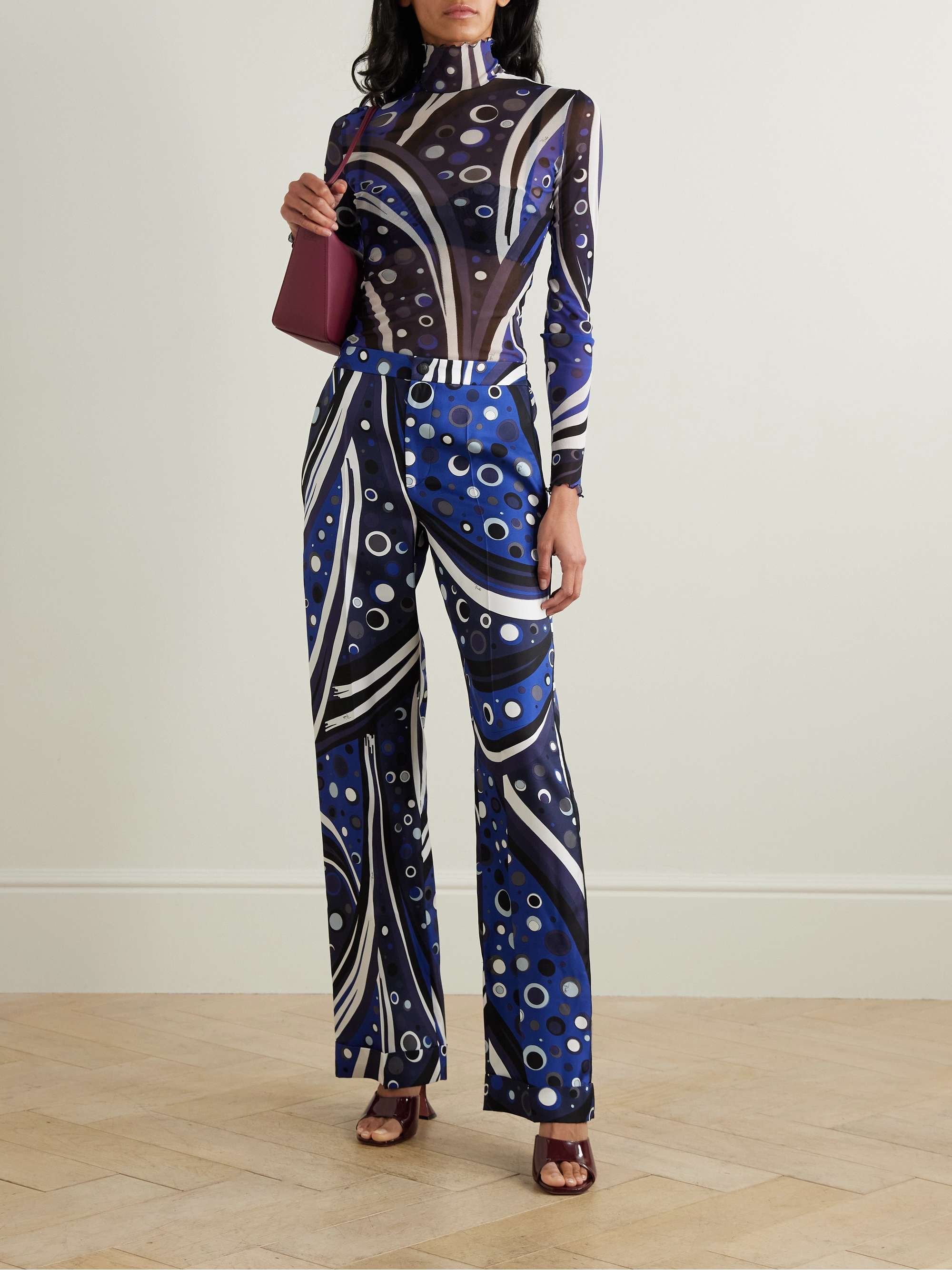 Printed silk-twill straight-leg pants view