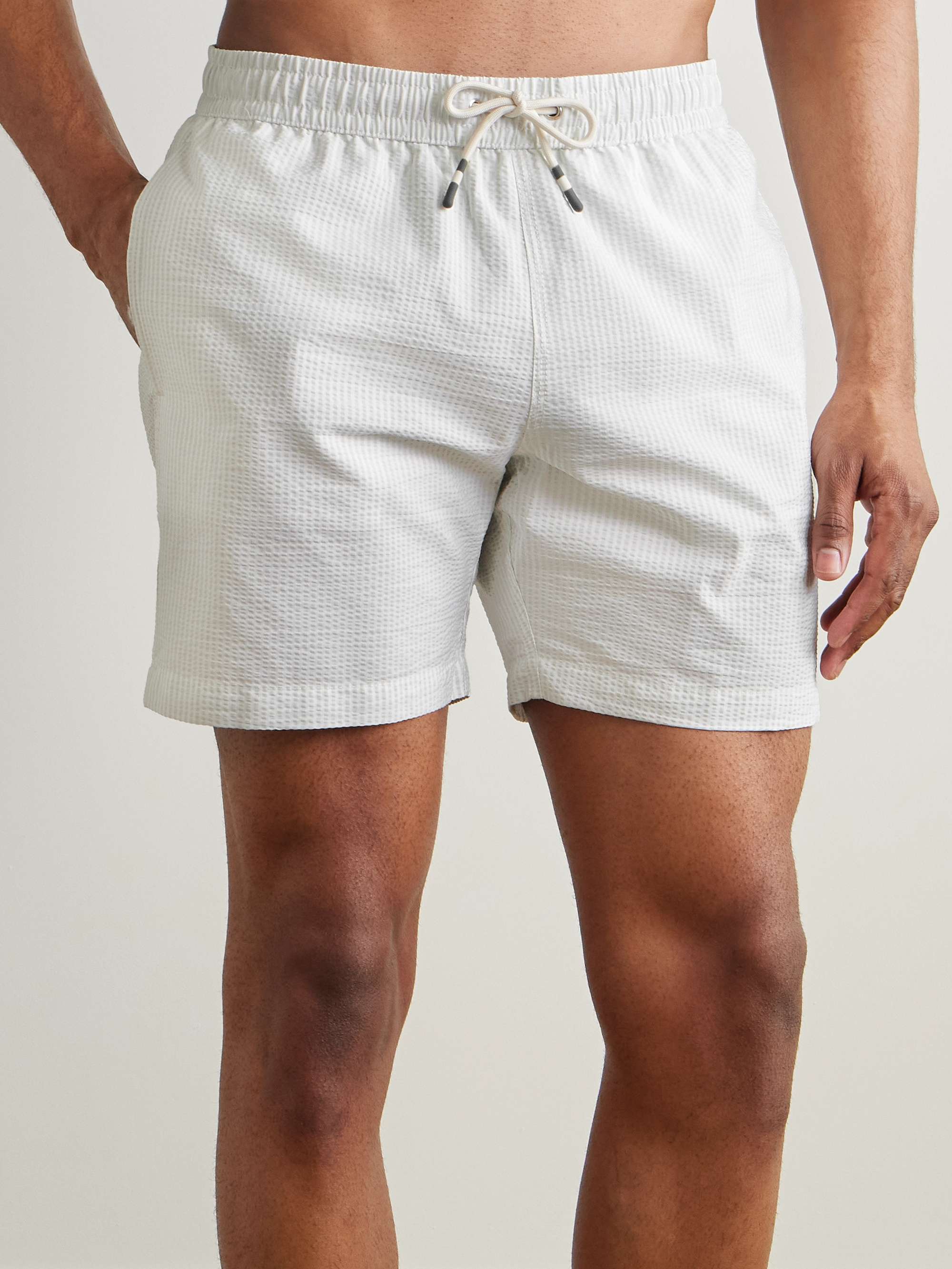 Straight-Leg Mid-Length Striped Seersucker Swim Shorts view