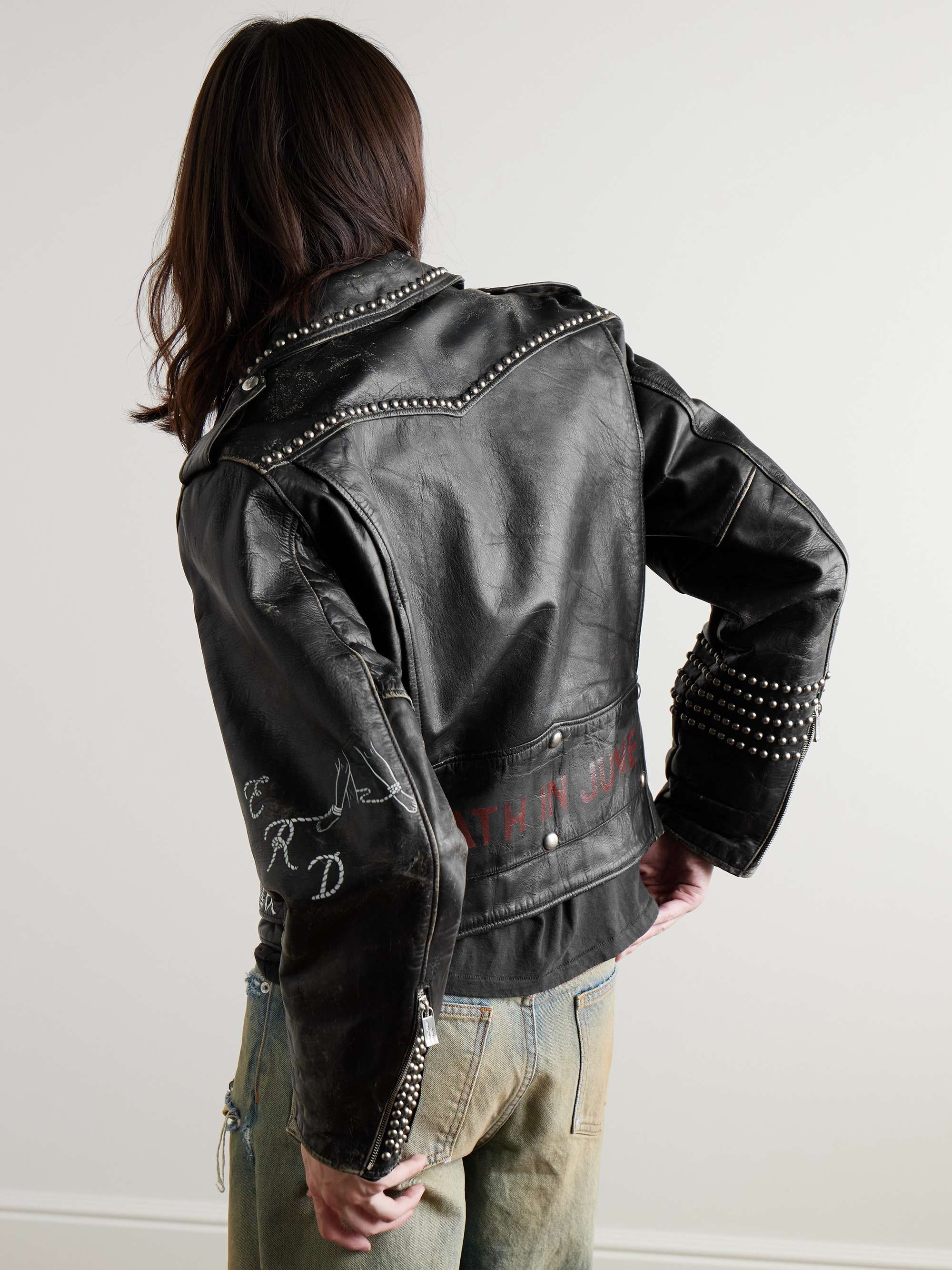 Studded Printed Distressed Leather Biker Jacket view