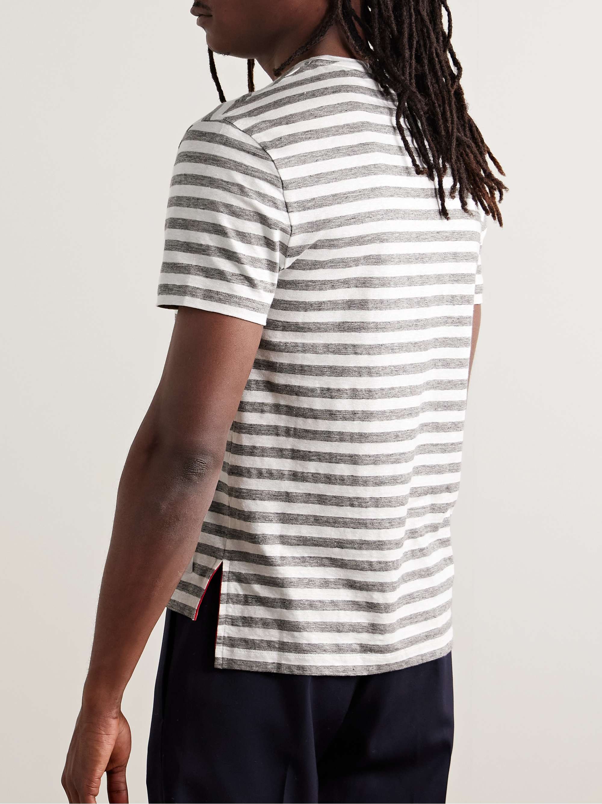 Logo-Appliquéd Striped Linen-Blend Jersey T-Shirt view