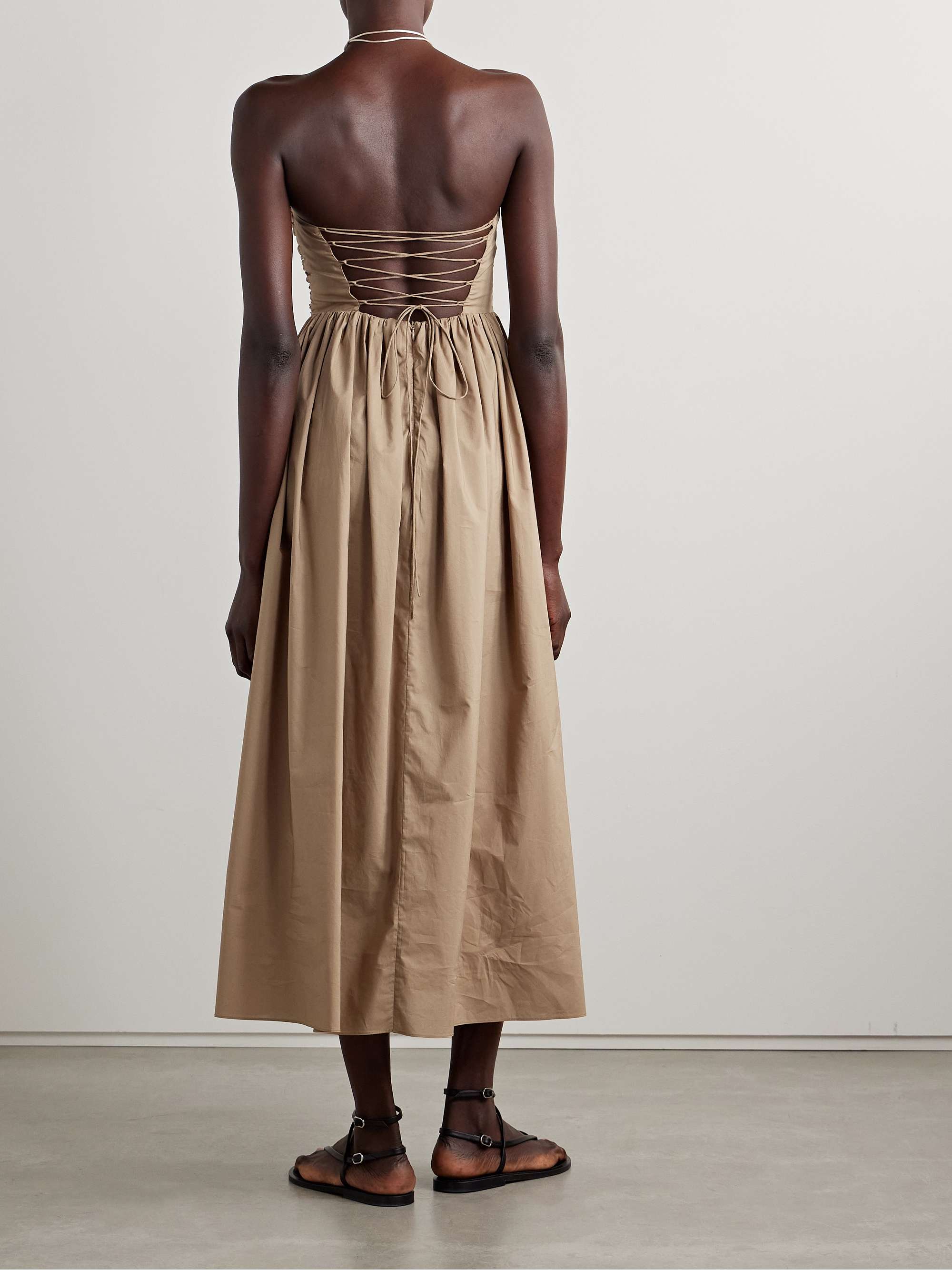 Strapless gathered organic cotton-poplin midi dress view