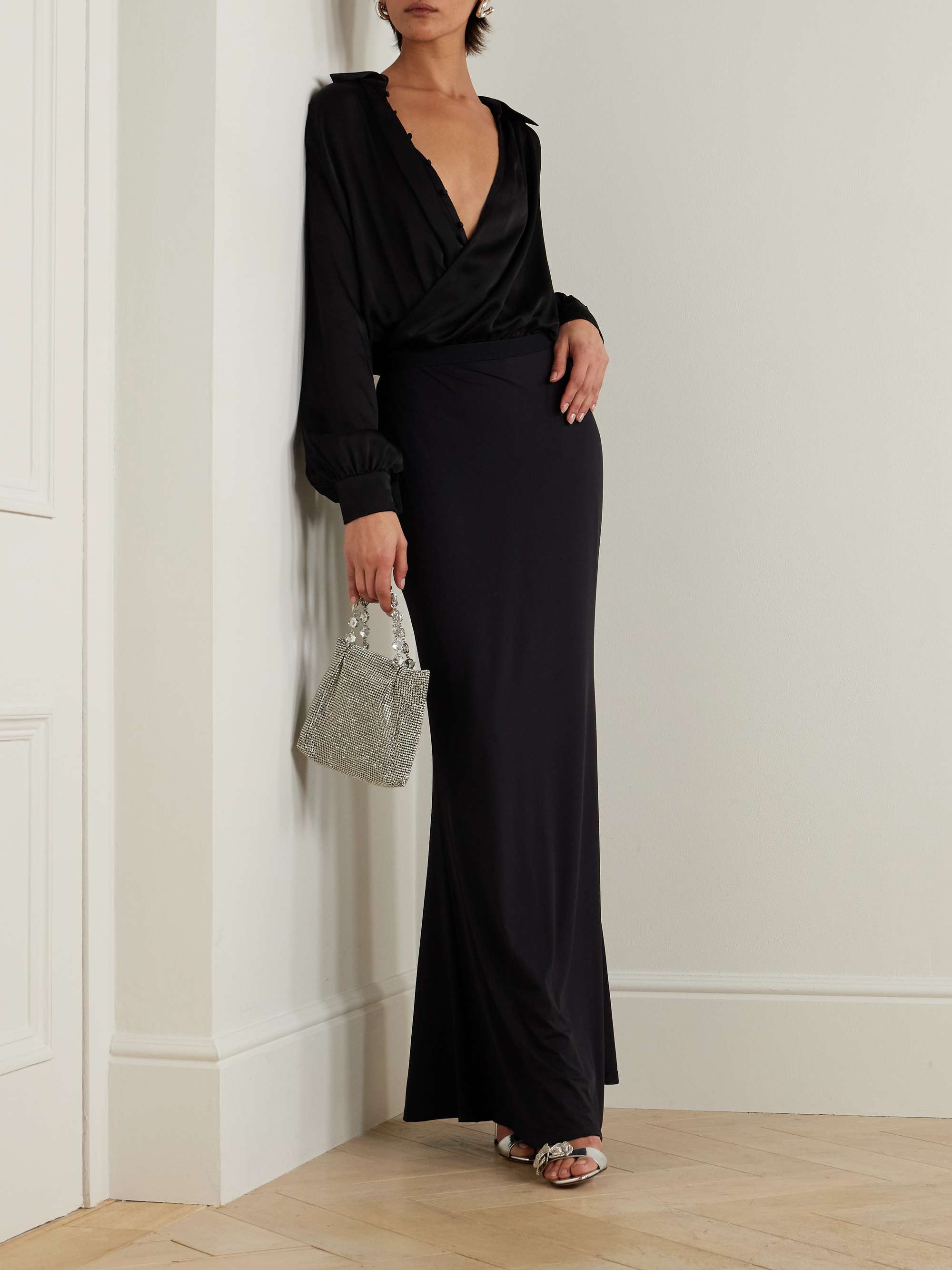 Wrap-effect draped silk-satin and stretch-jersey maxi shirt dress view