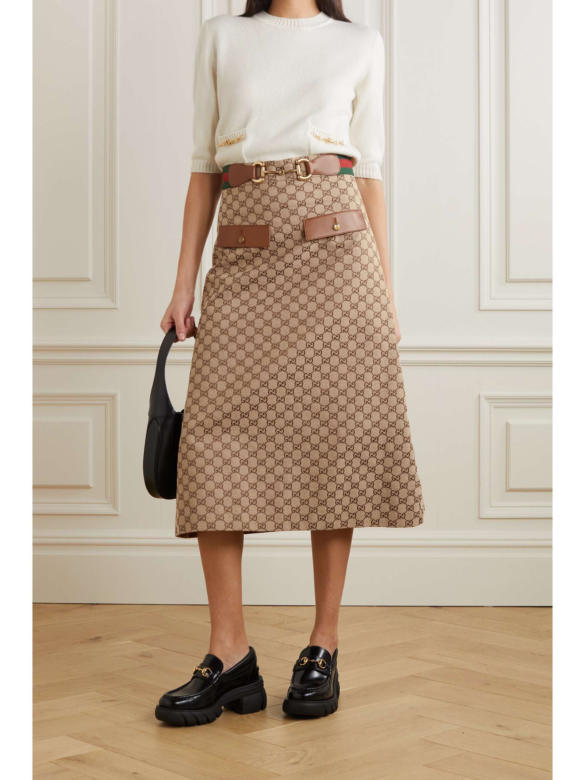 Belted leather-trimmed cotton-blend canvas-jacquard midi skirt view