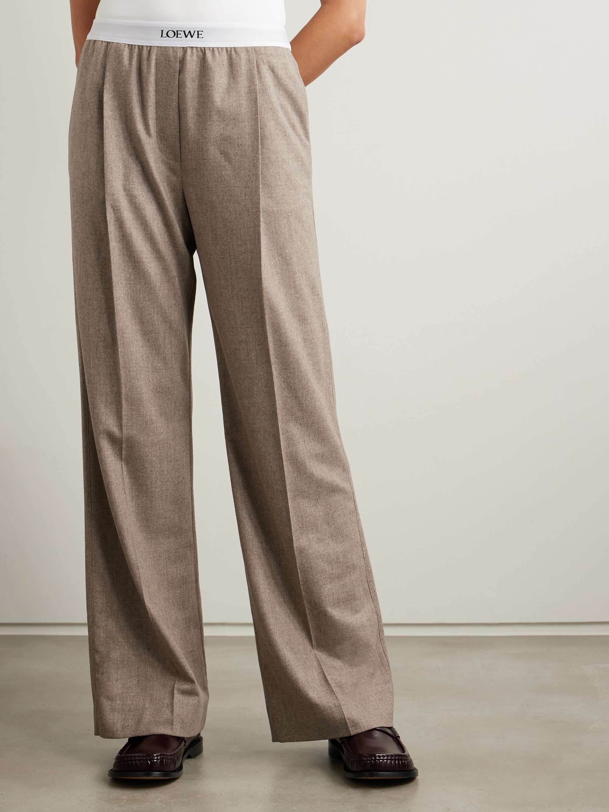 Stretch jacquard-trimmed pleated wool and cashmere-blend straight-leg pants view