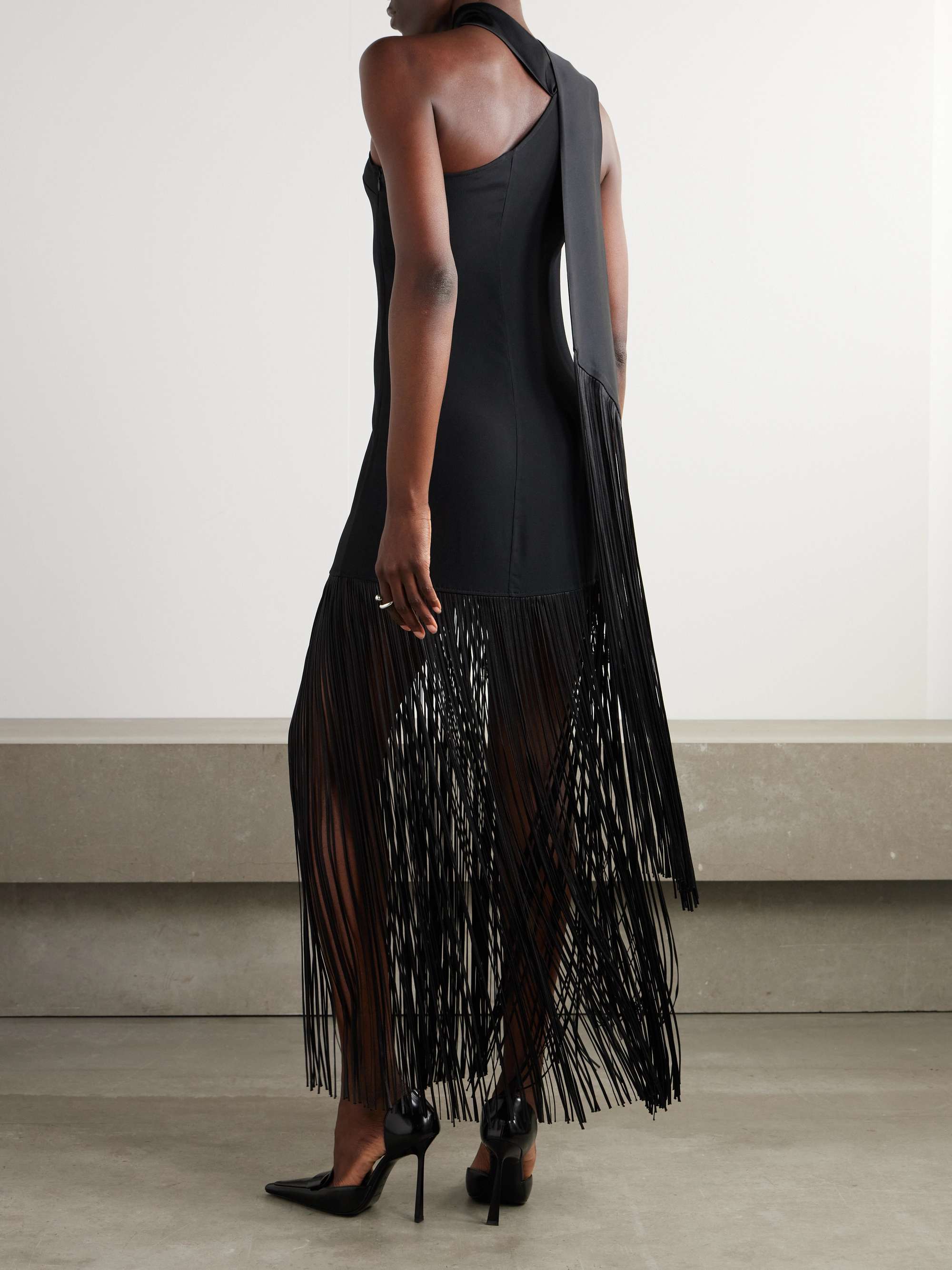 Atlanta asymmetric one-shoulder fringed crepe gown view