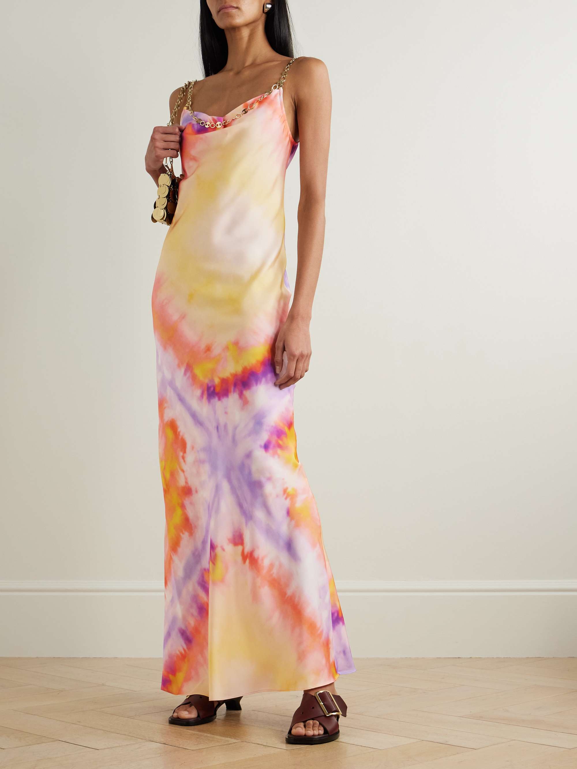Chainmail-embellished tie-dyed satin maxi dress view