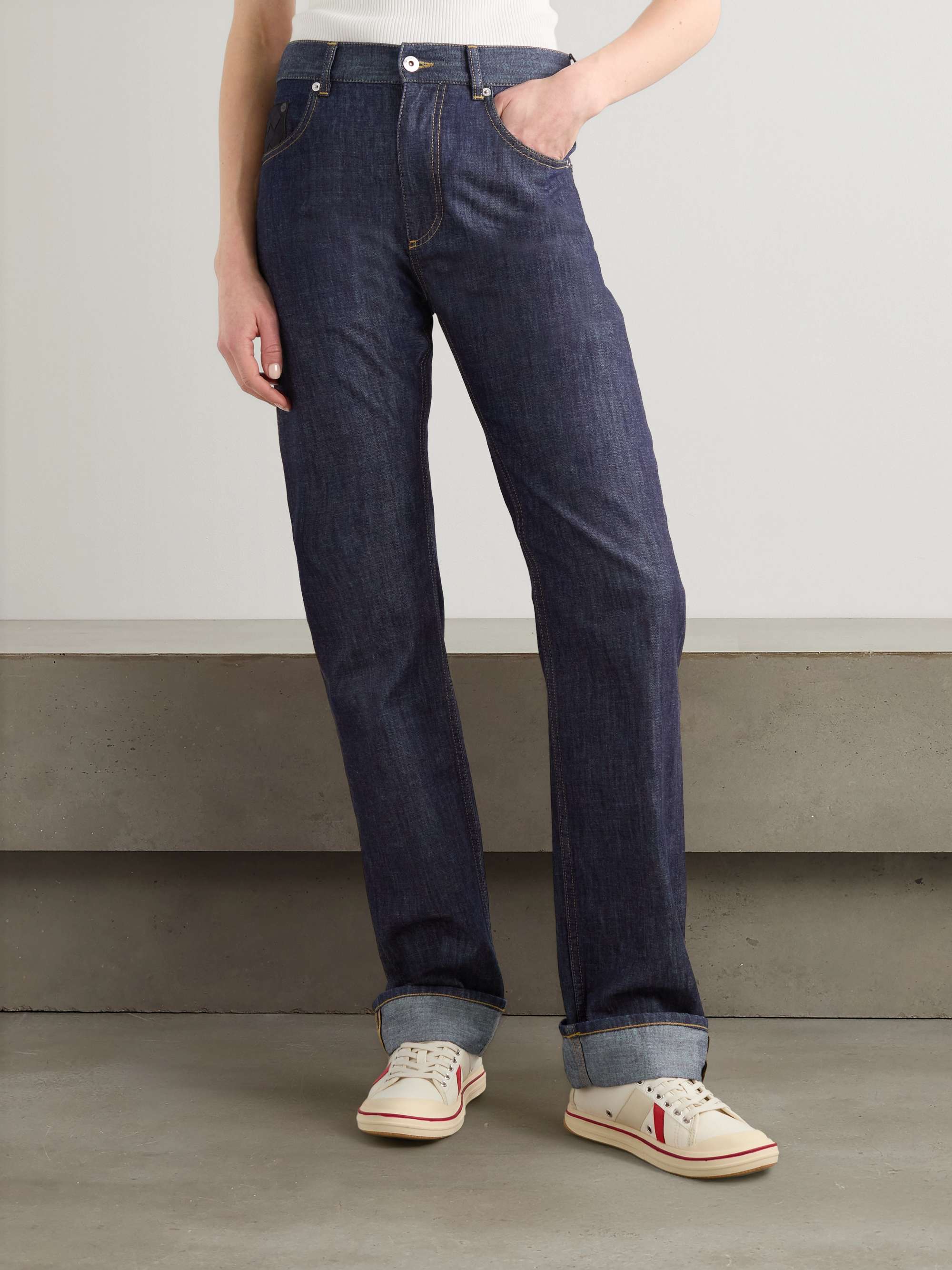 Intrecciato suede-trimmed mid-rise straight-leg jeans view