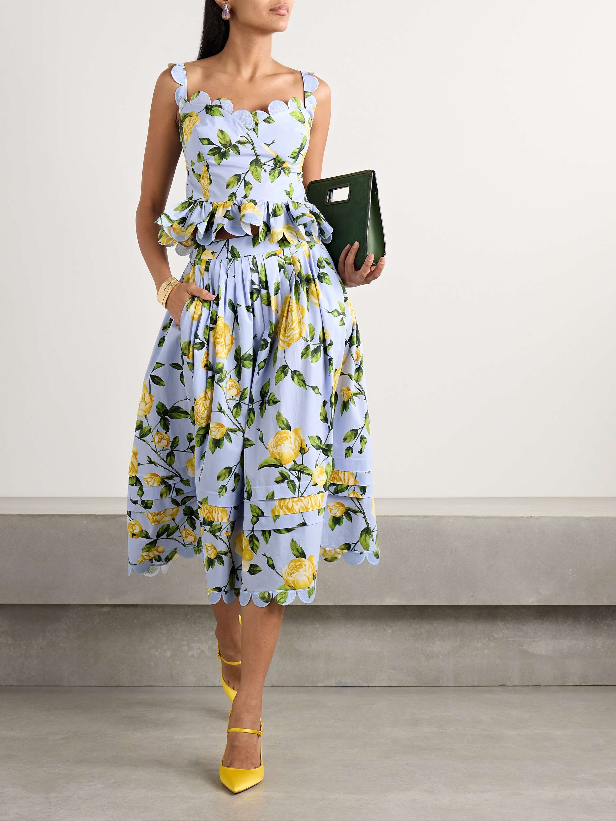 Pleated floral-print cotton-blend poplin midi skirt view