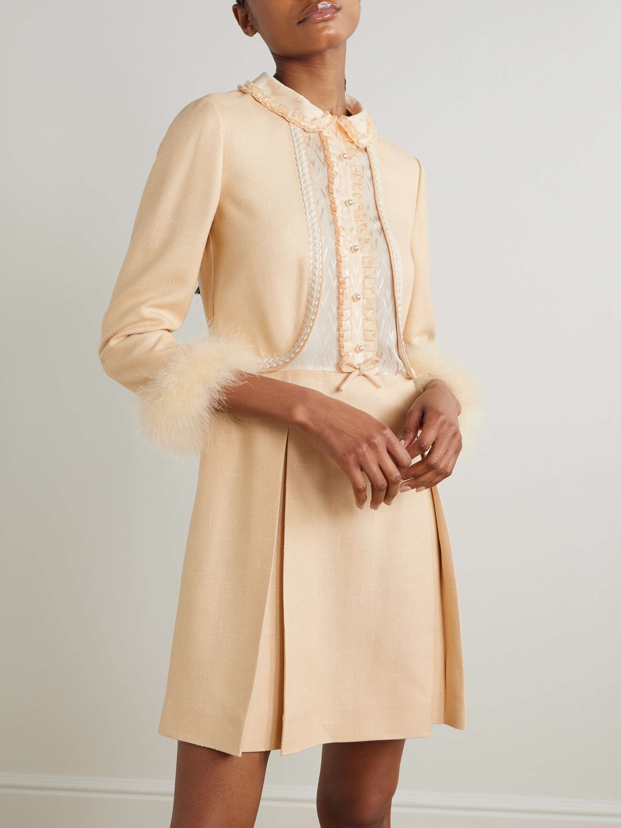Feather-trimmed embellished jacquard and woven mini dress view