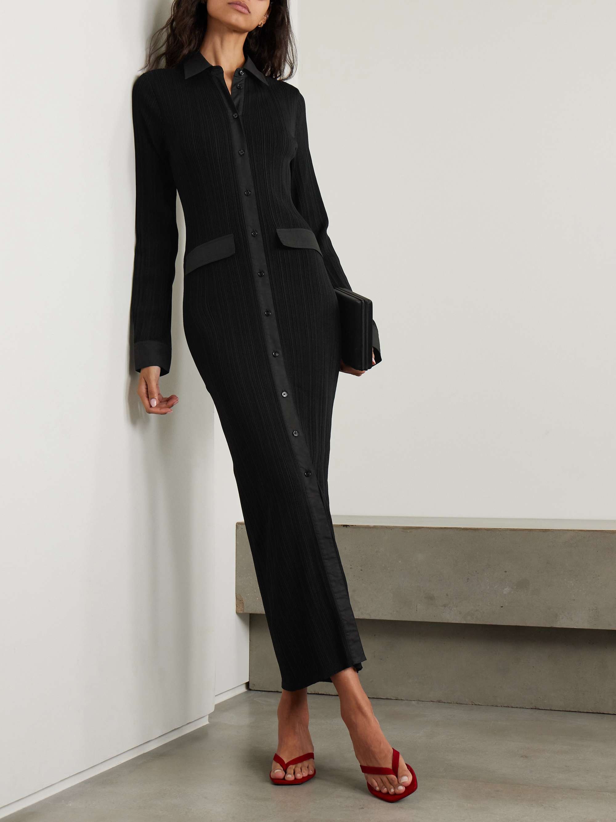 Poplin-trimmed ribbed-knit maxi shirt dress view