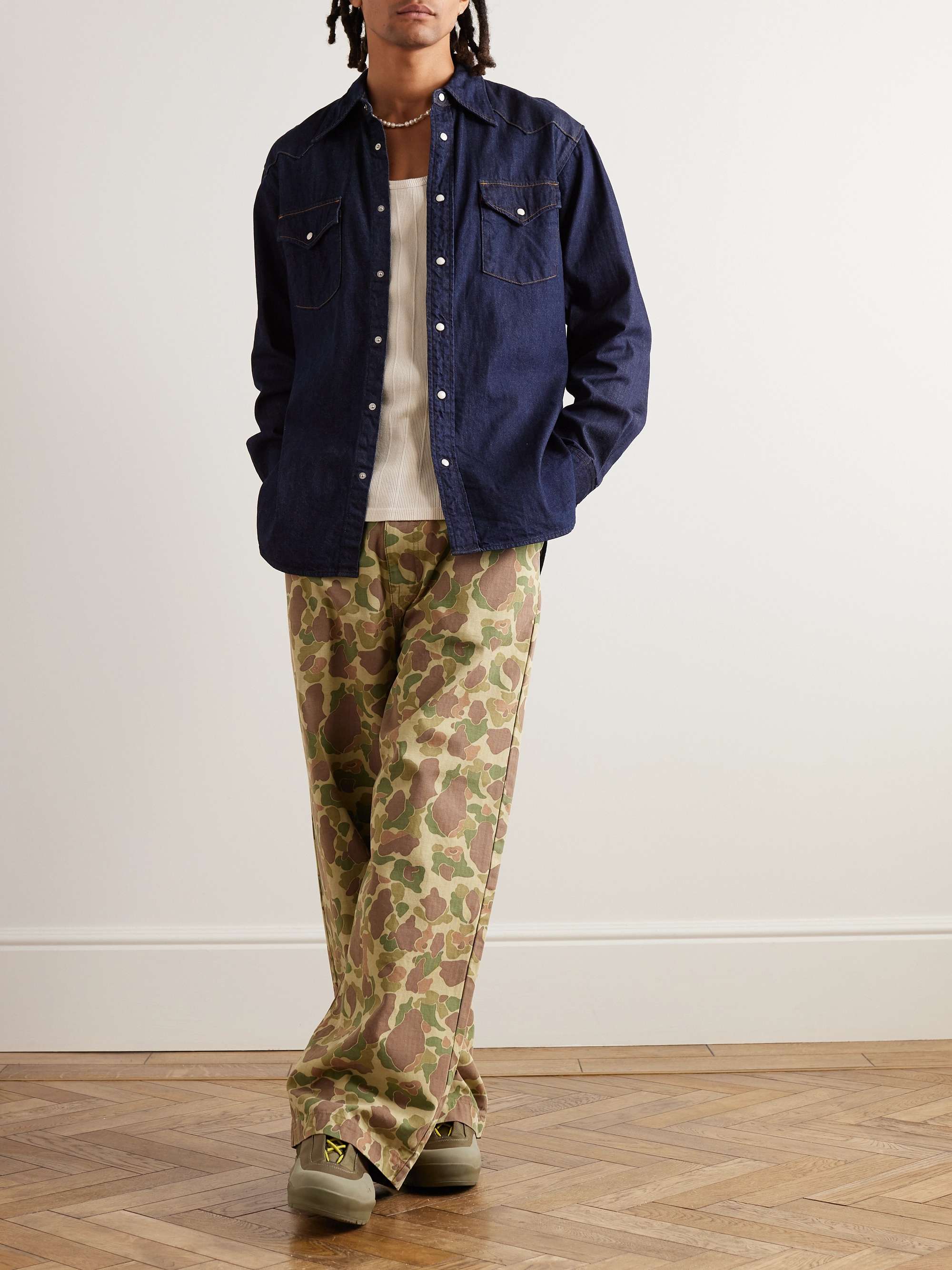Port Straight-Leg Camouflage-Print Herringbone Cotton Trousers view