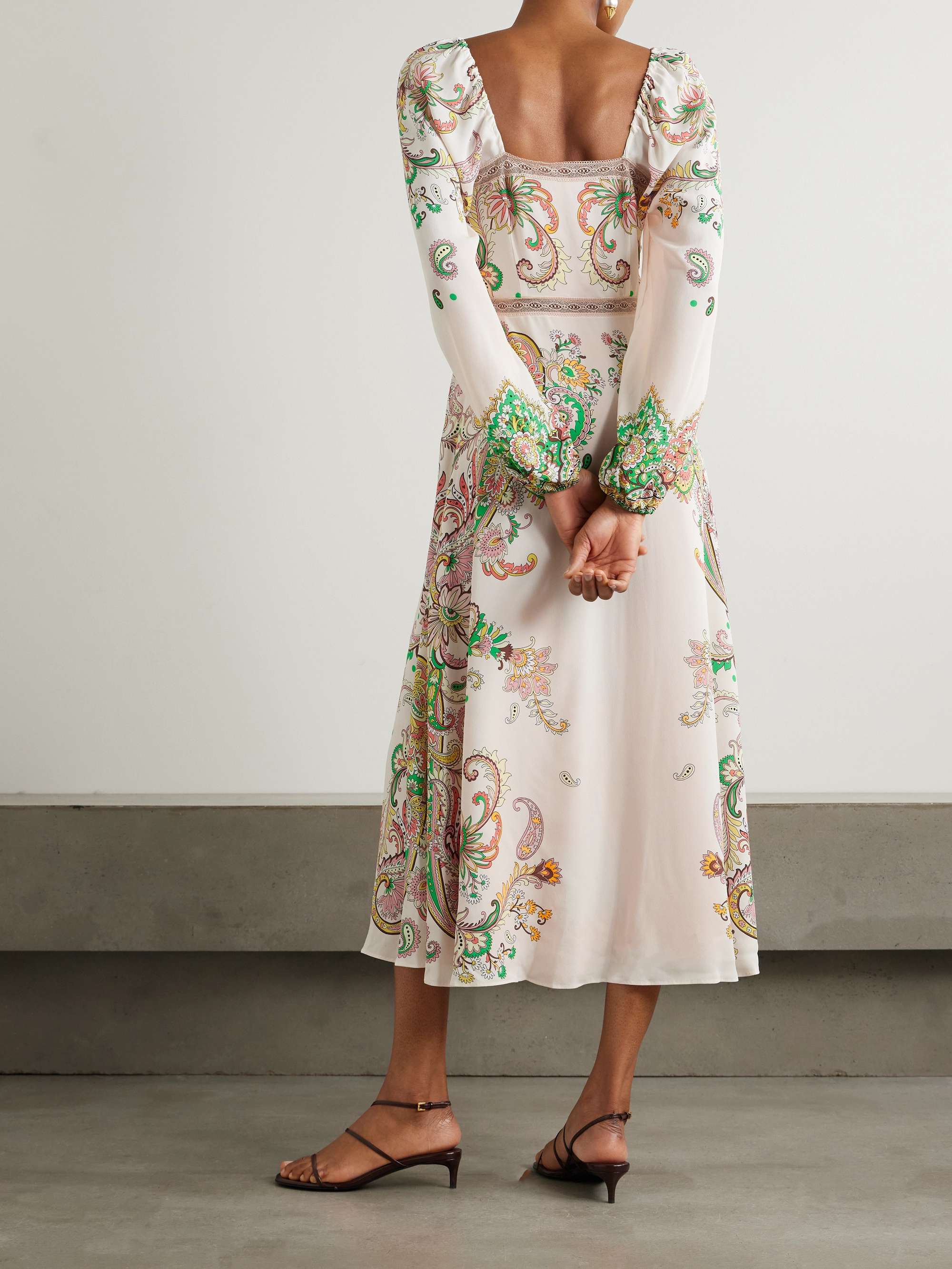 Lace-trimmed printed crepe de chine midi dress view