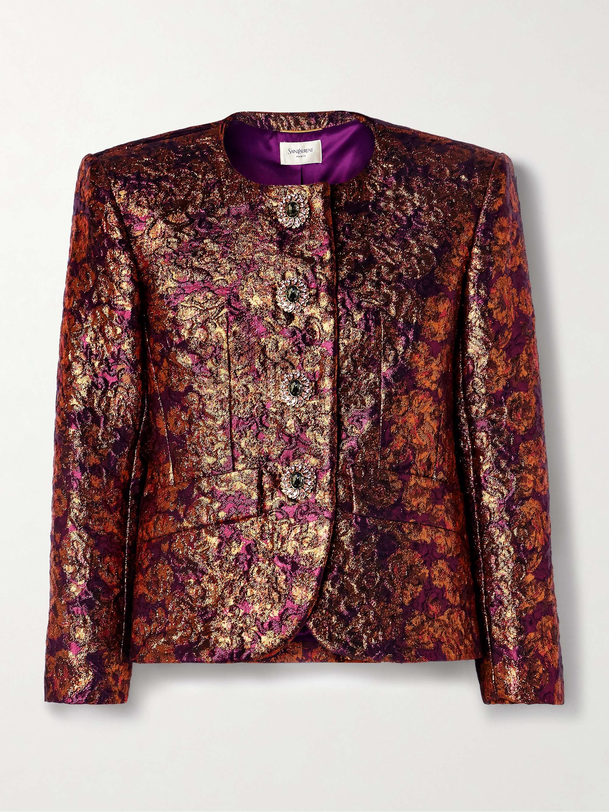 Crystal-embellished metallic wool-blend brocade jacket hero visual