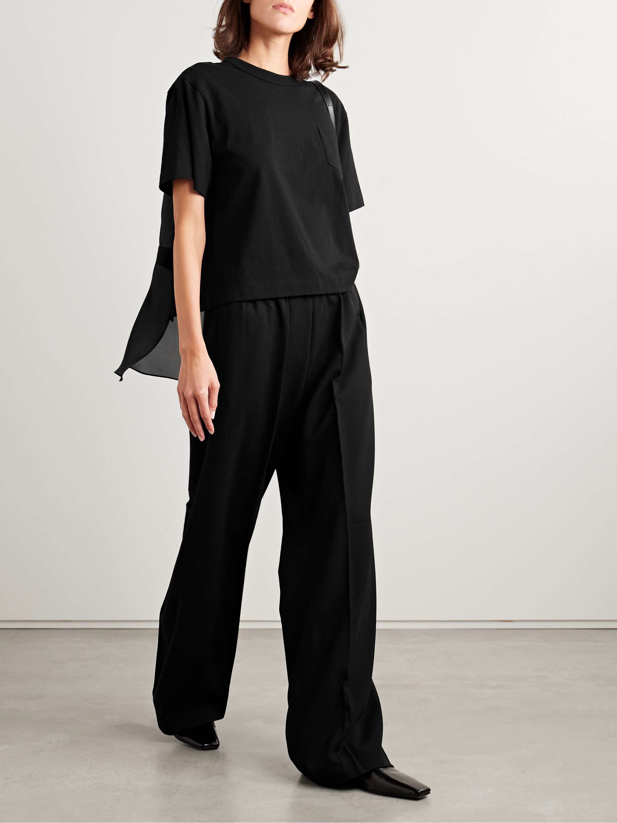 Chiffon-trimmed paneled cotton-jersey and satin T-shirt view