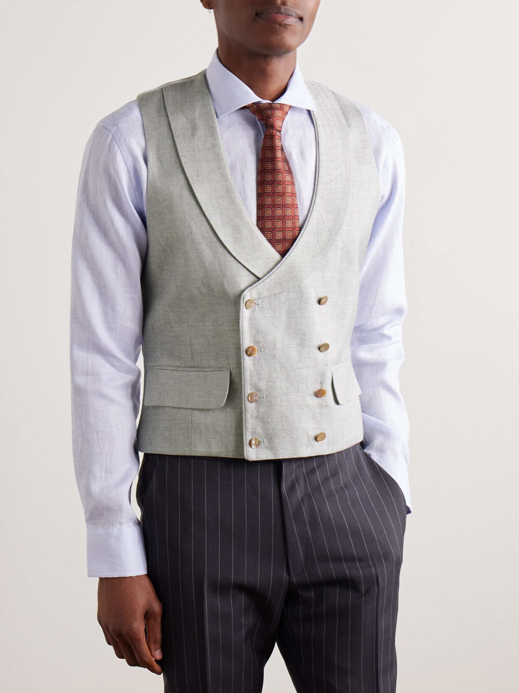 Randwick Slim-Fit Double-Breasted Herringbone Linen and Silk-Blend and Satin Waistcoat view