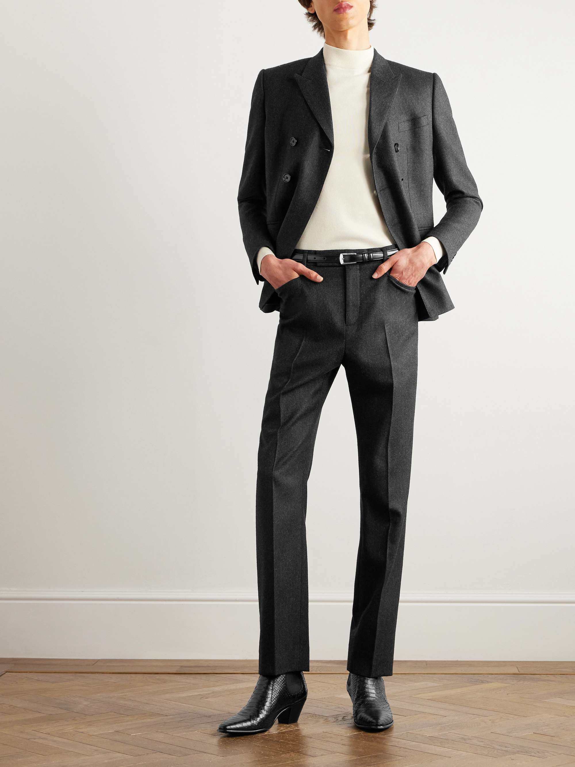 Straight-Leg Pinstriped Brushed Wool-Twill Suit Trousers view
