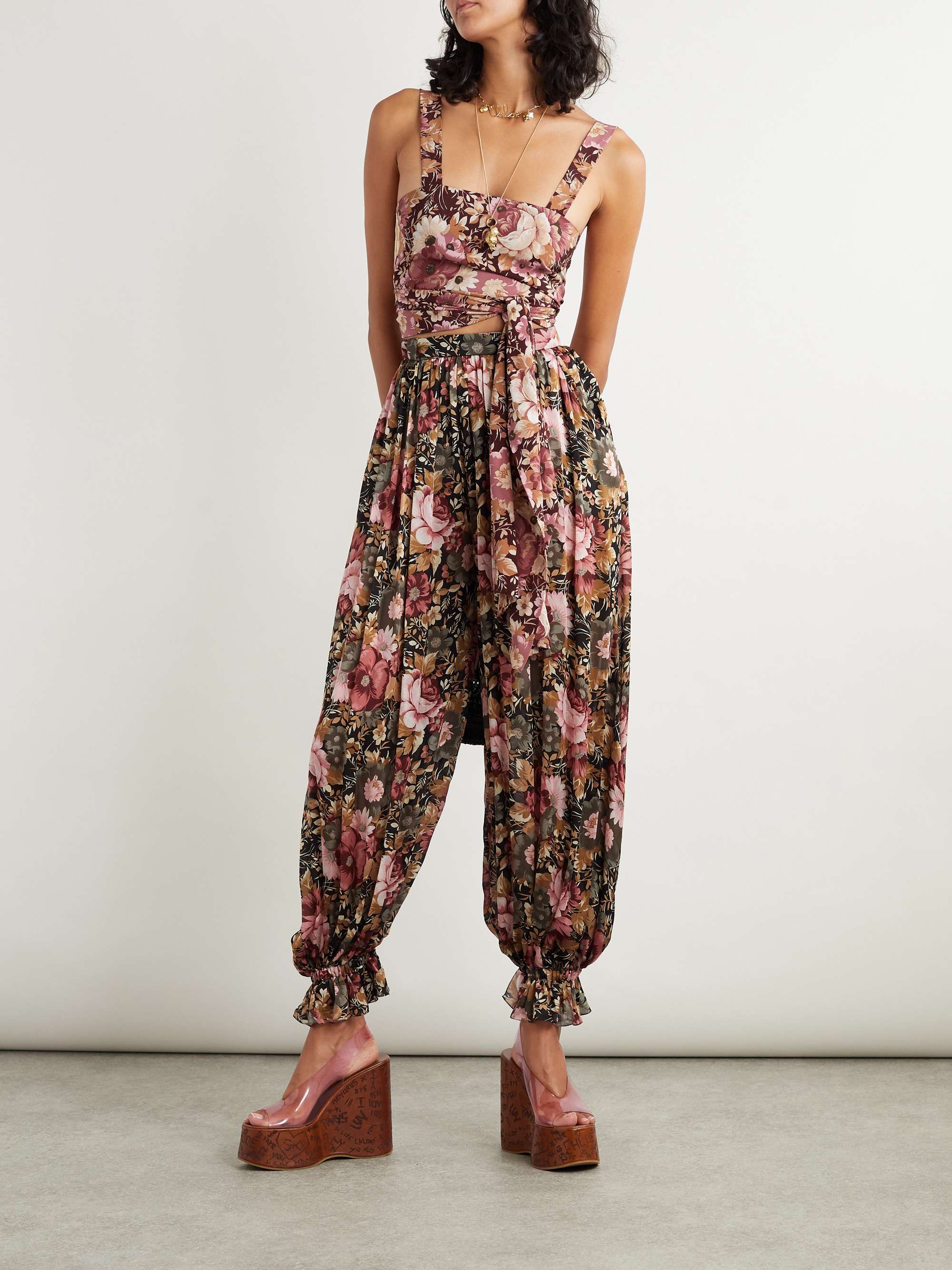 Pleated cropped floral-print silk-charmeuse wide-leg pants view