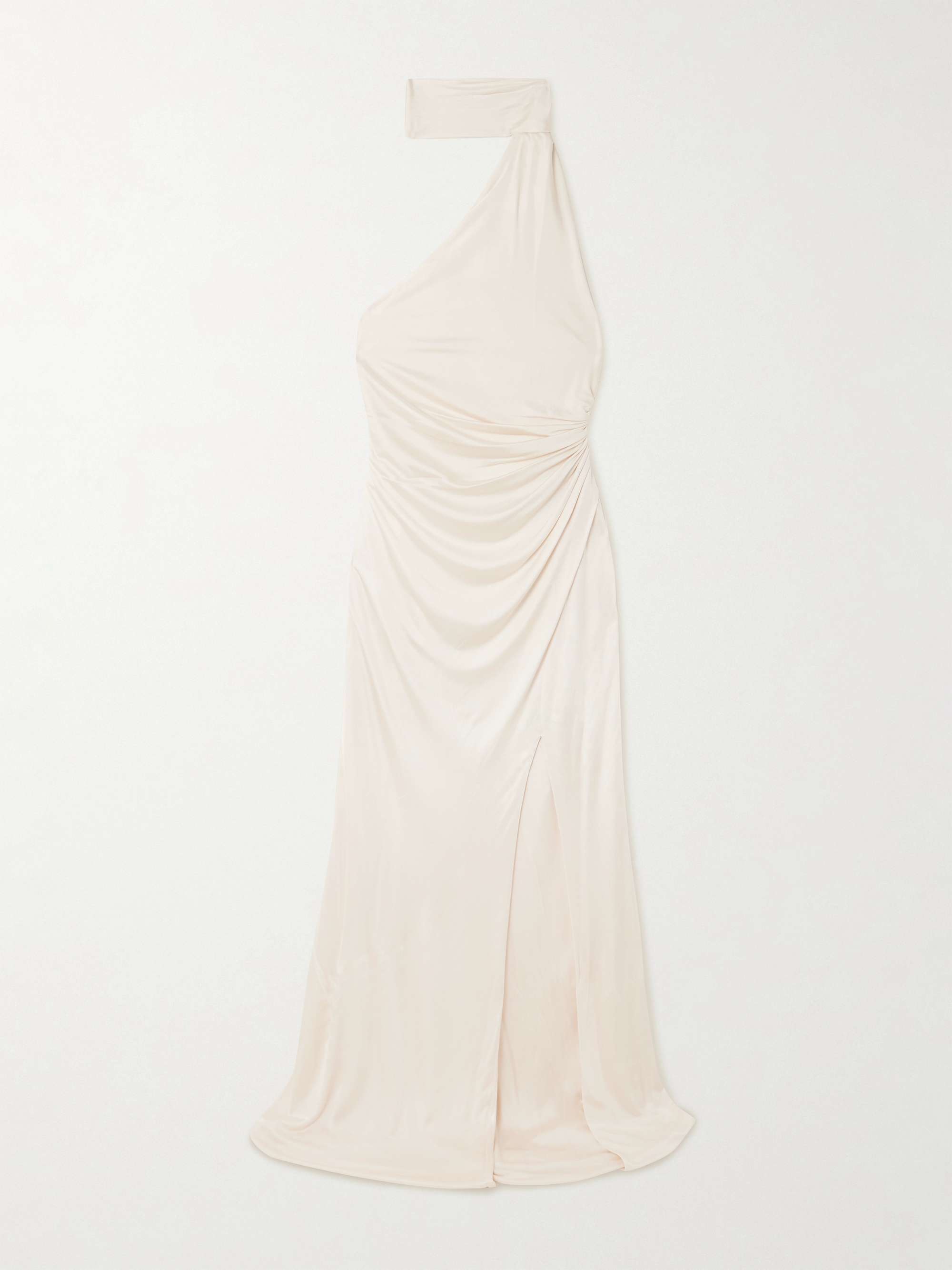 One-shoulder paneled ruched satin-jersey halterneck gown hero visual