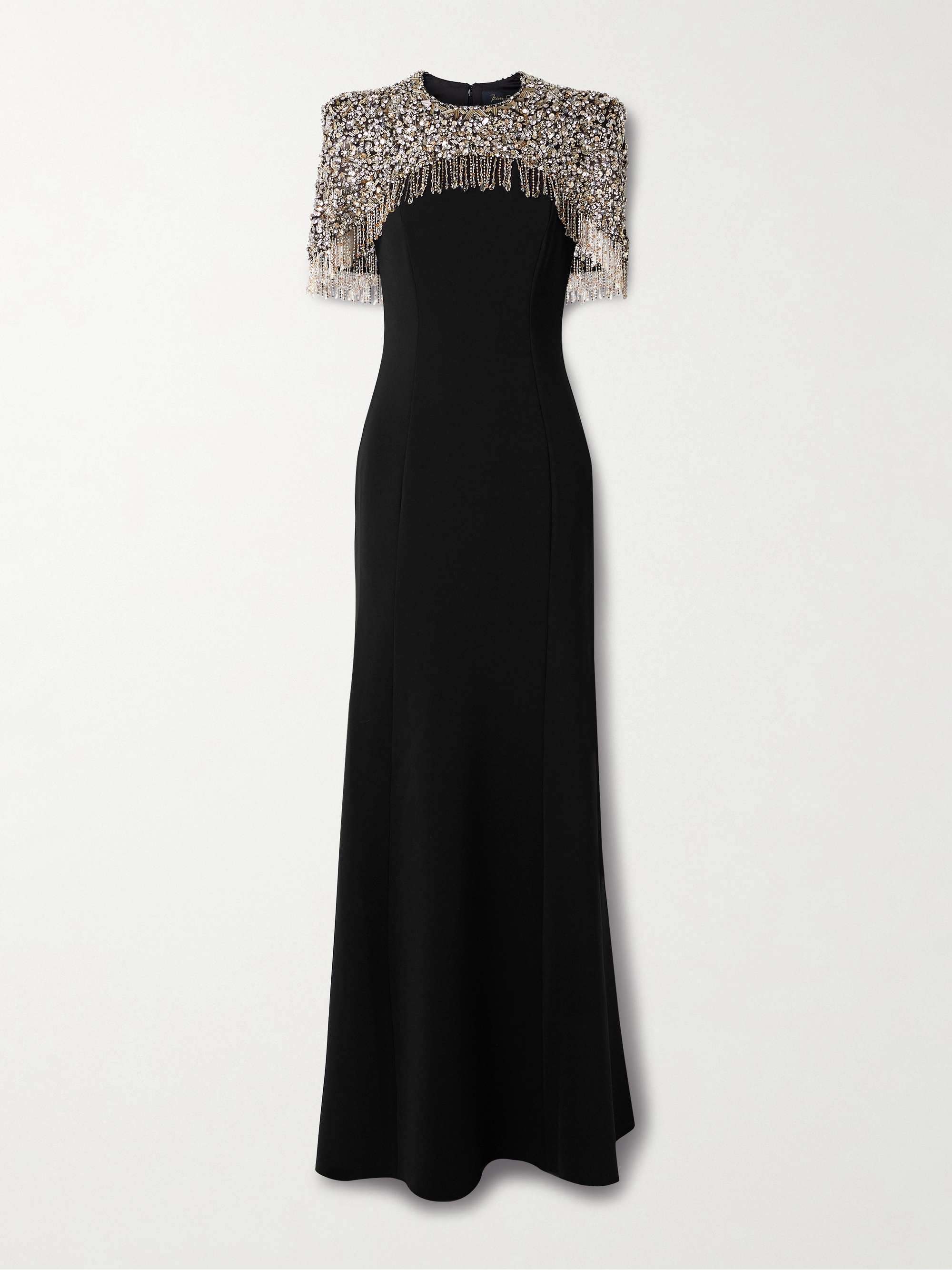 Rana cape-effect fringed embellished crepe gown hero visual